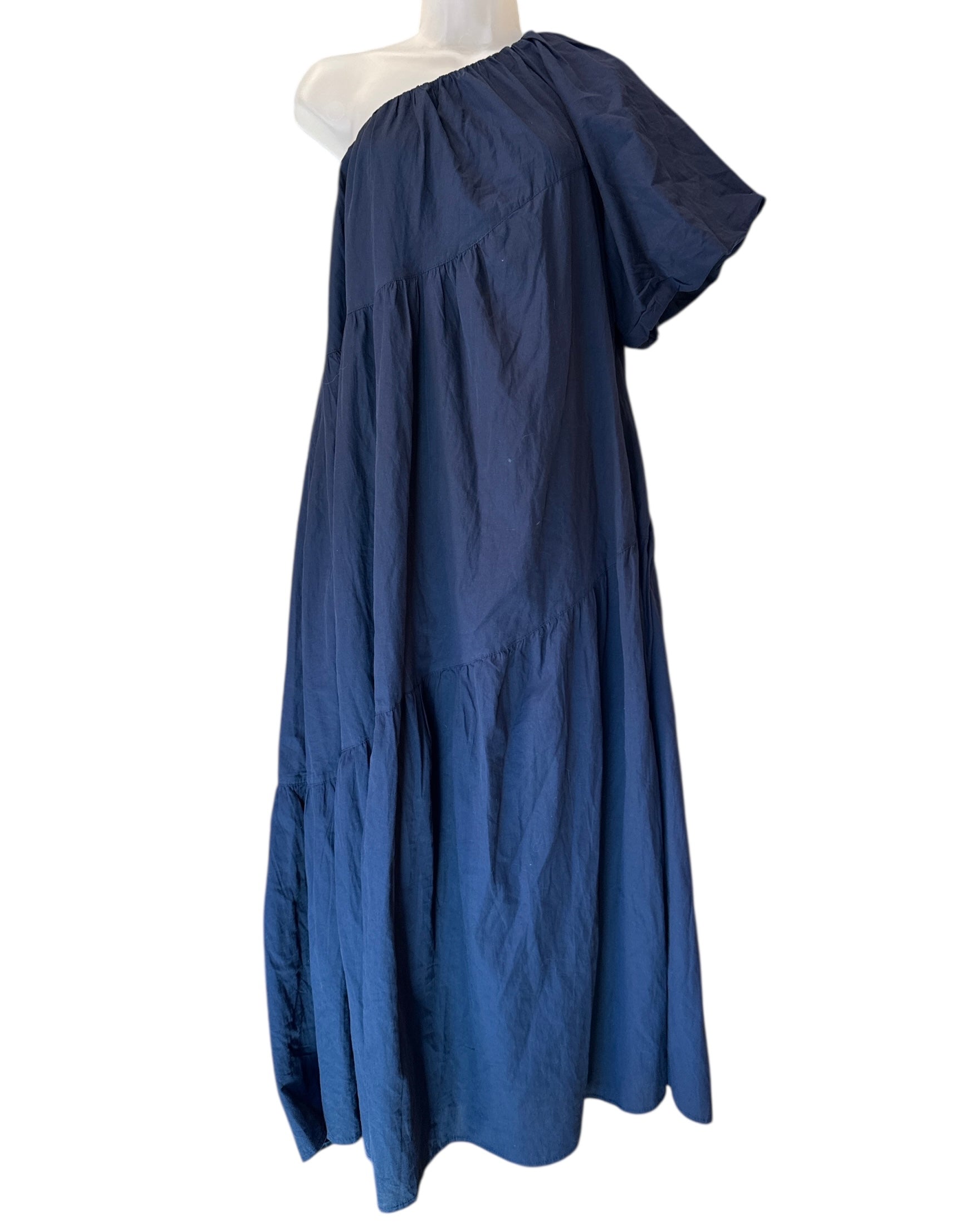 navy petal + pup maxi one shoulder dress, s