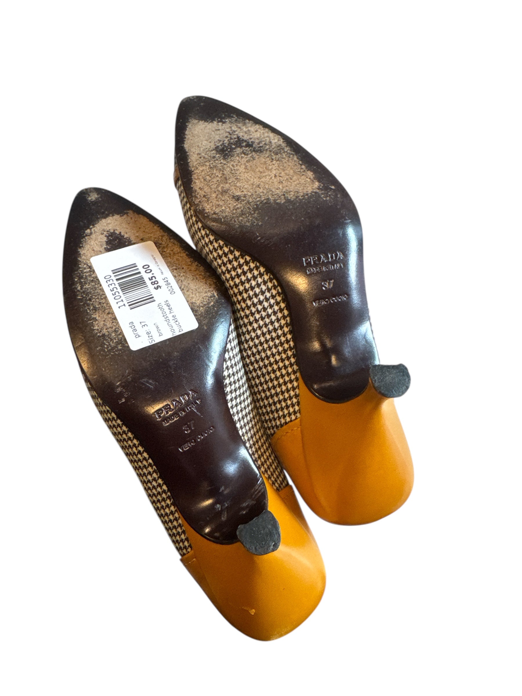 brown prada houndstooth buckle heels, 37 (fits like 7, runs narrow)