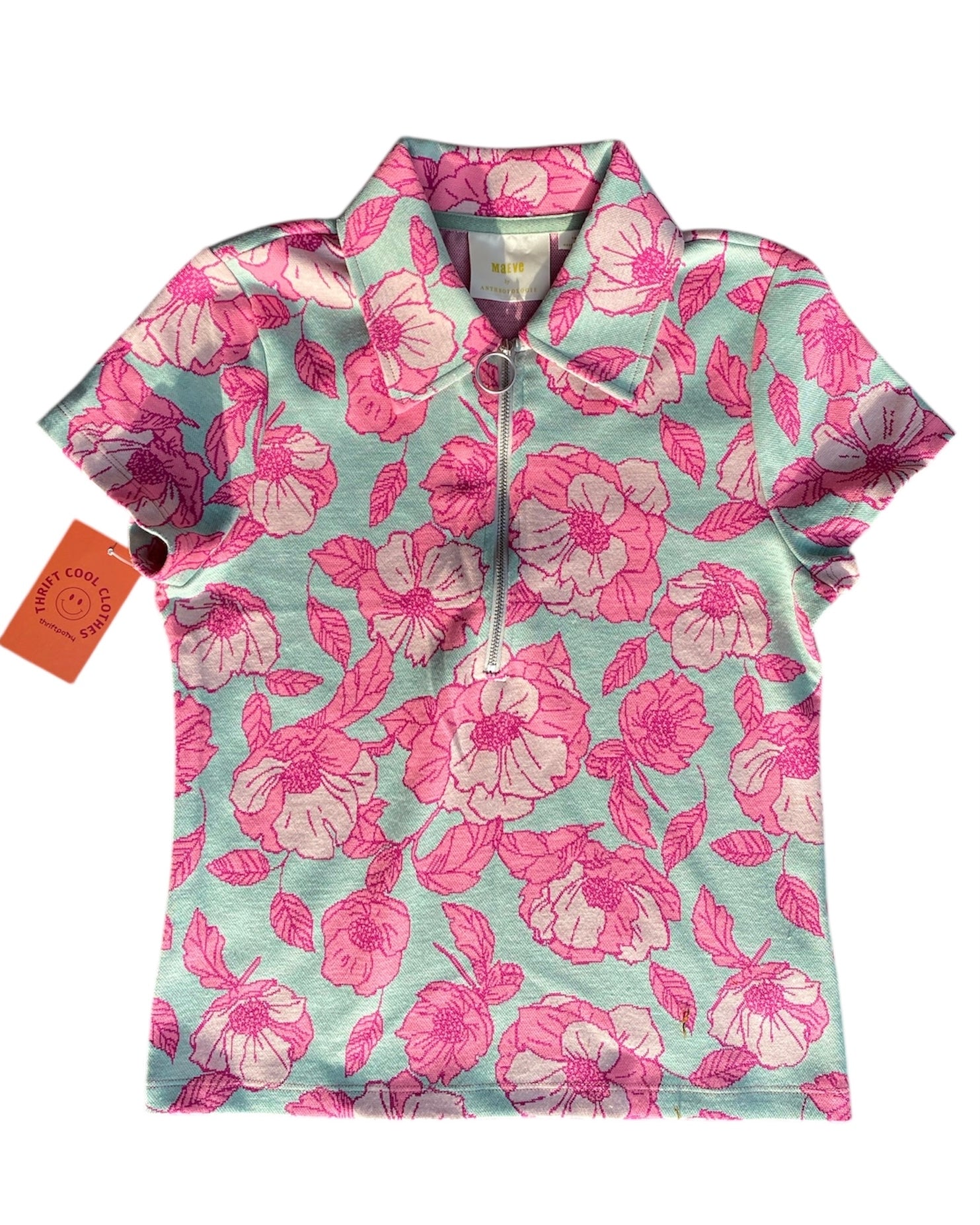 teal pink maeve knit floral zip top, s