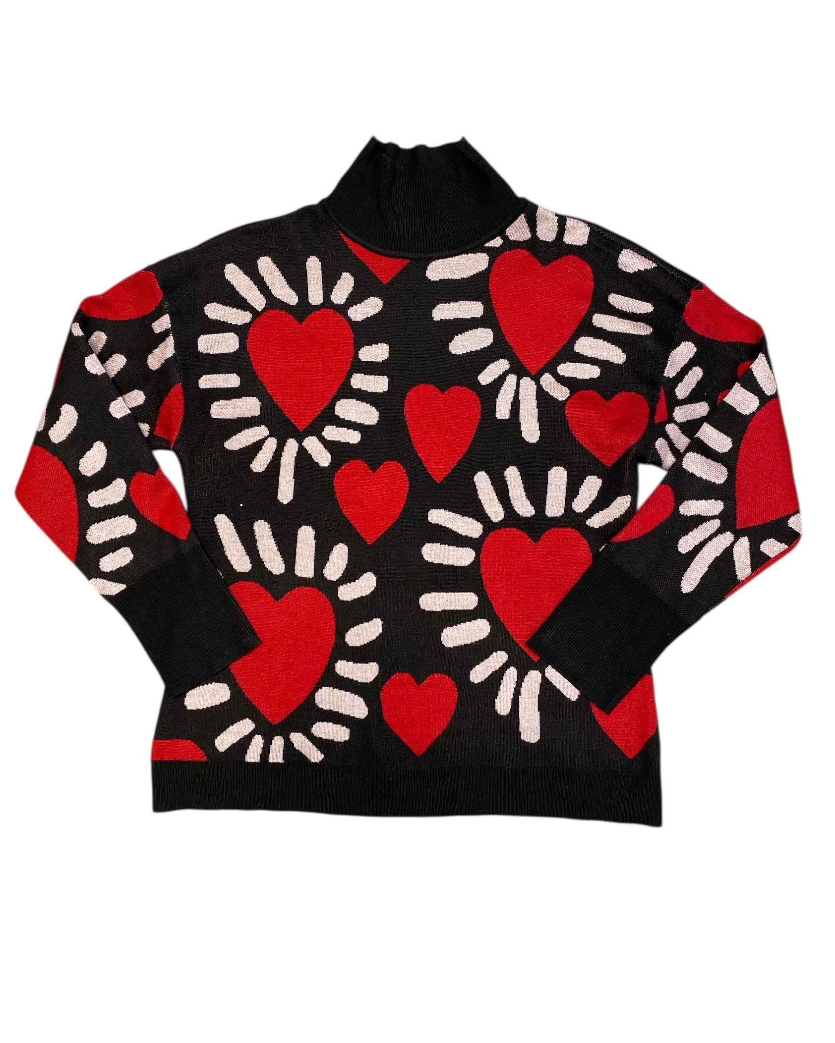 black red white love story heart print turtleneck sweater, XL