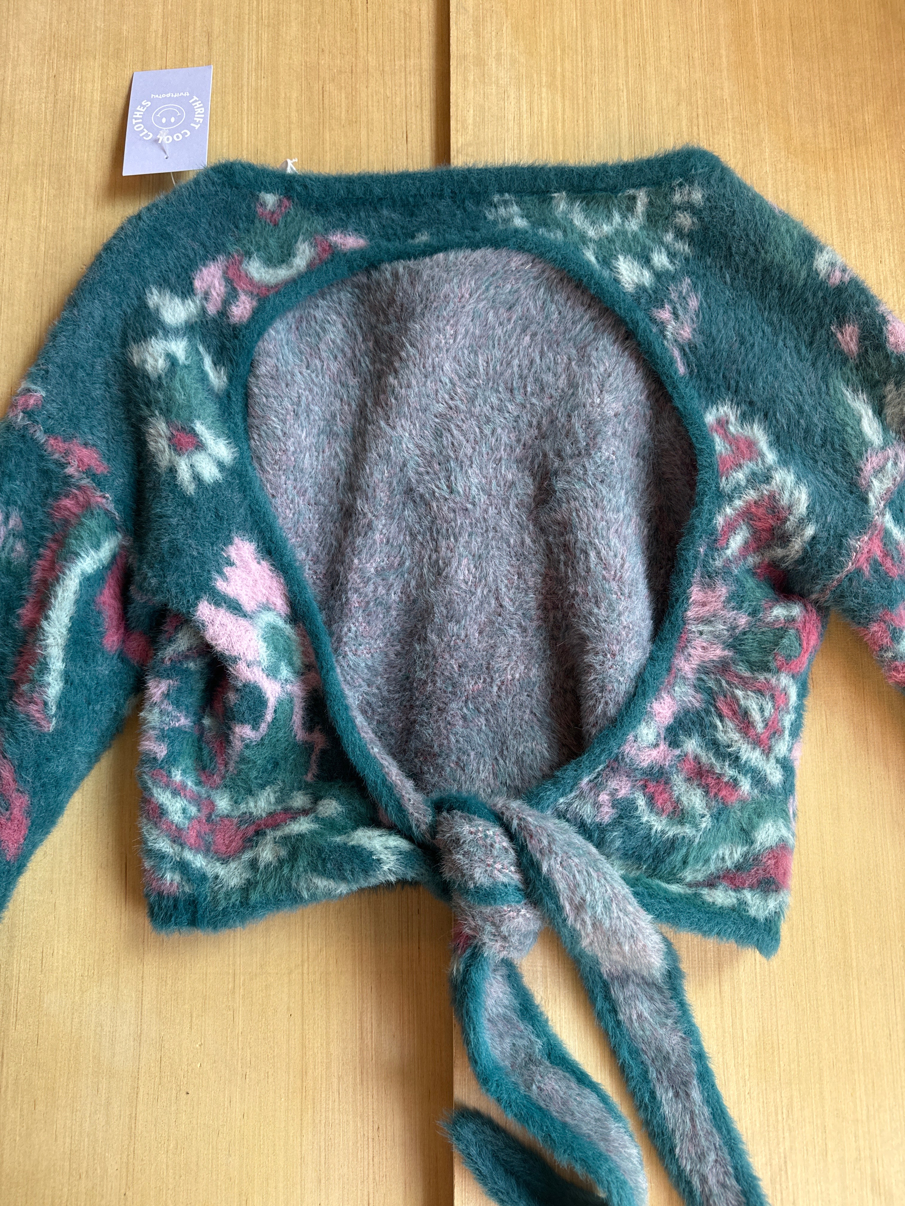 green daily practice fuzzy floral sweater, s