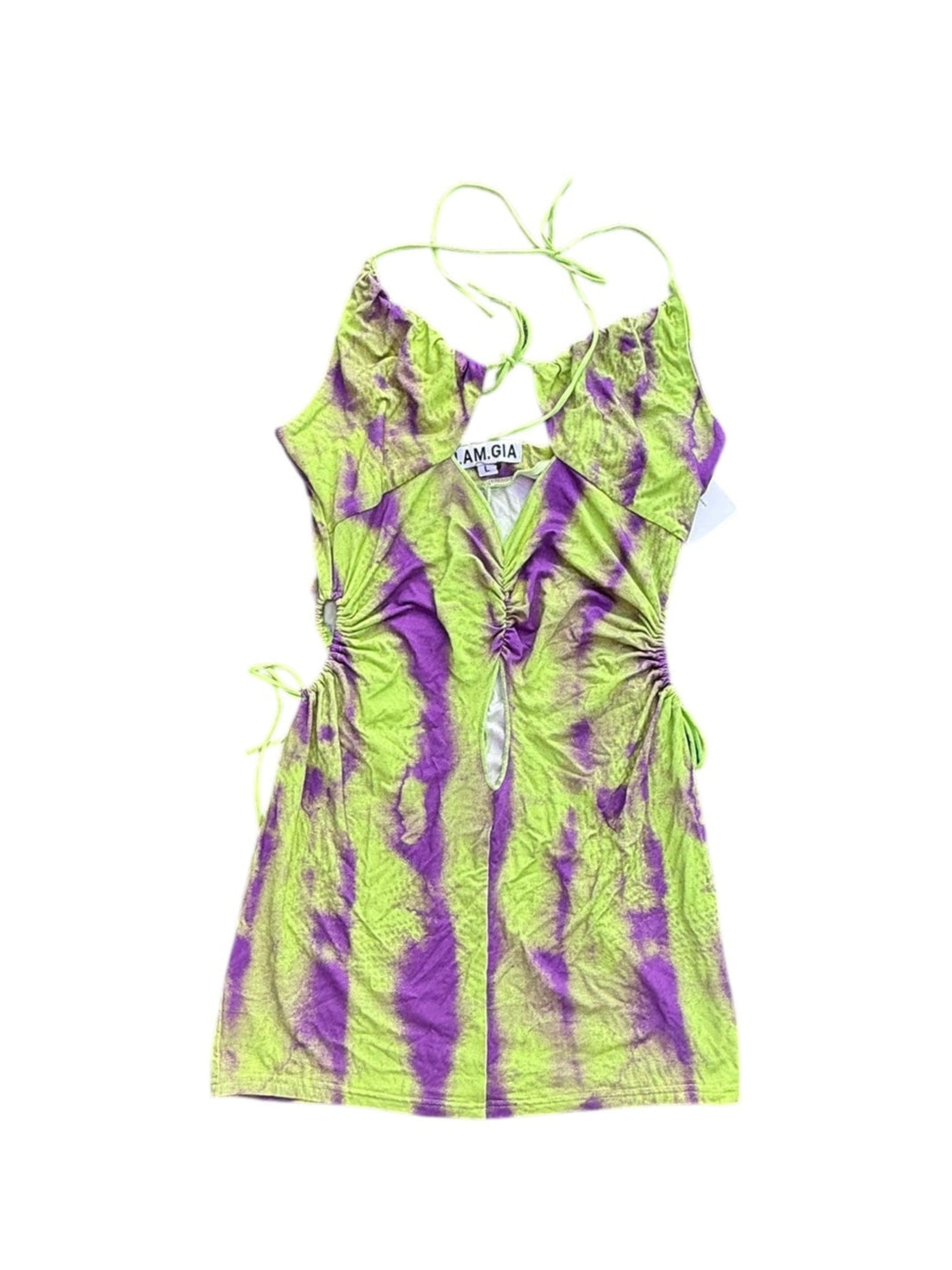 green purple i am gia strapless watercolor cutout dress, L