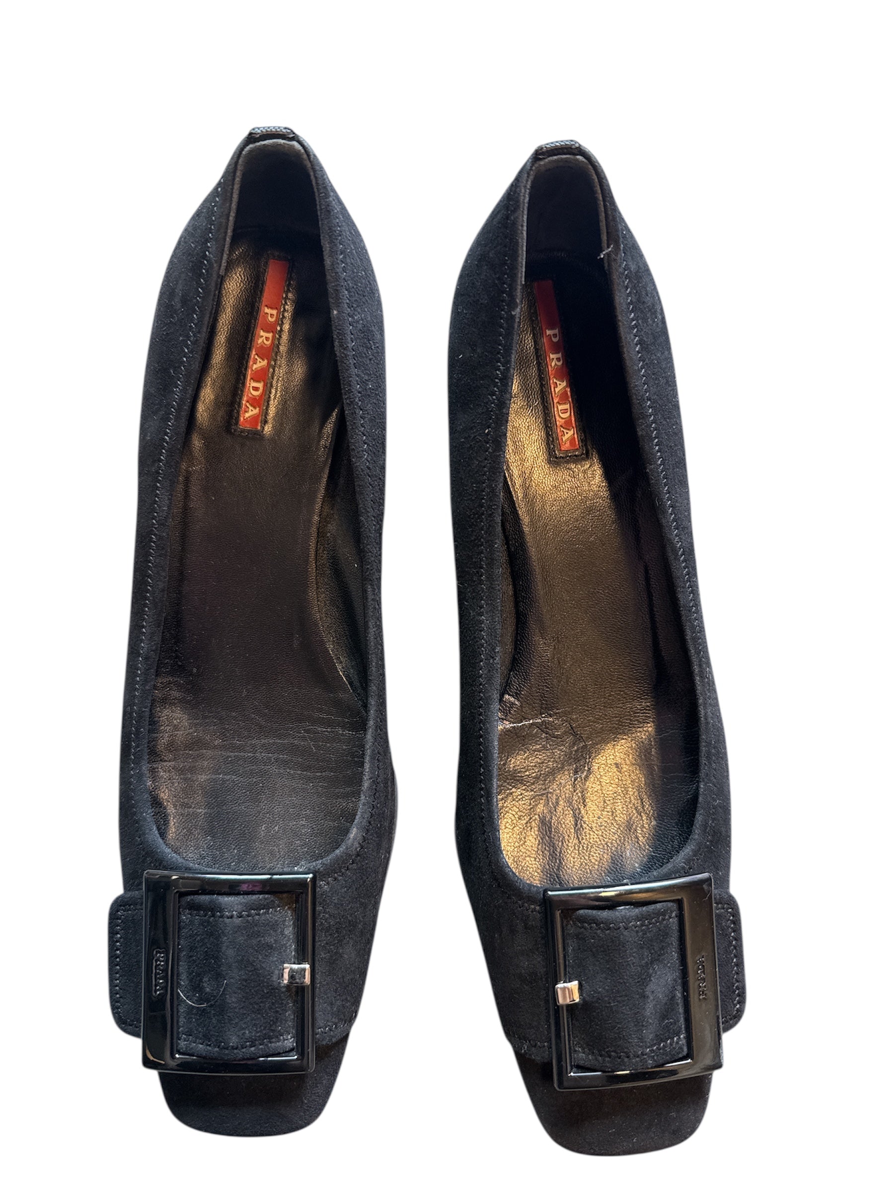 black prada square toed buckle kitten heels, 36 1/2