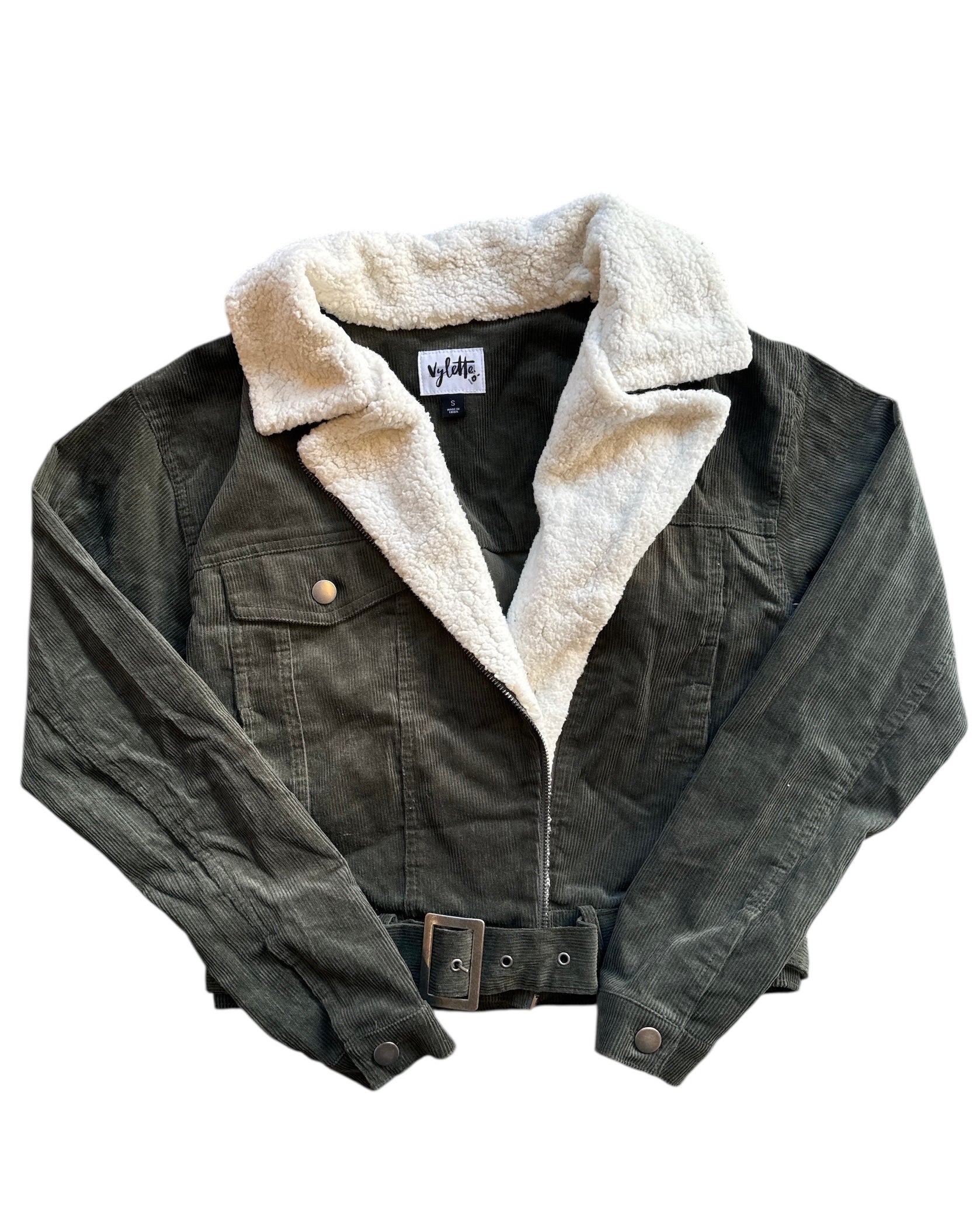Army green cream Vylette Sherpa lined cord jacket, S