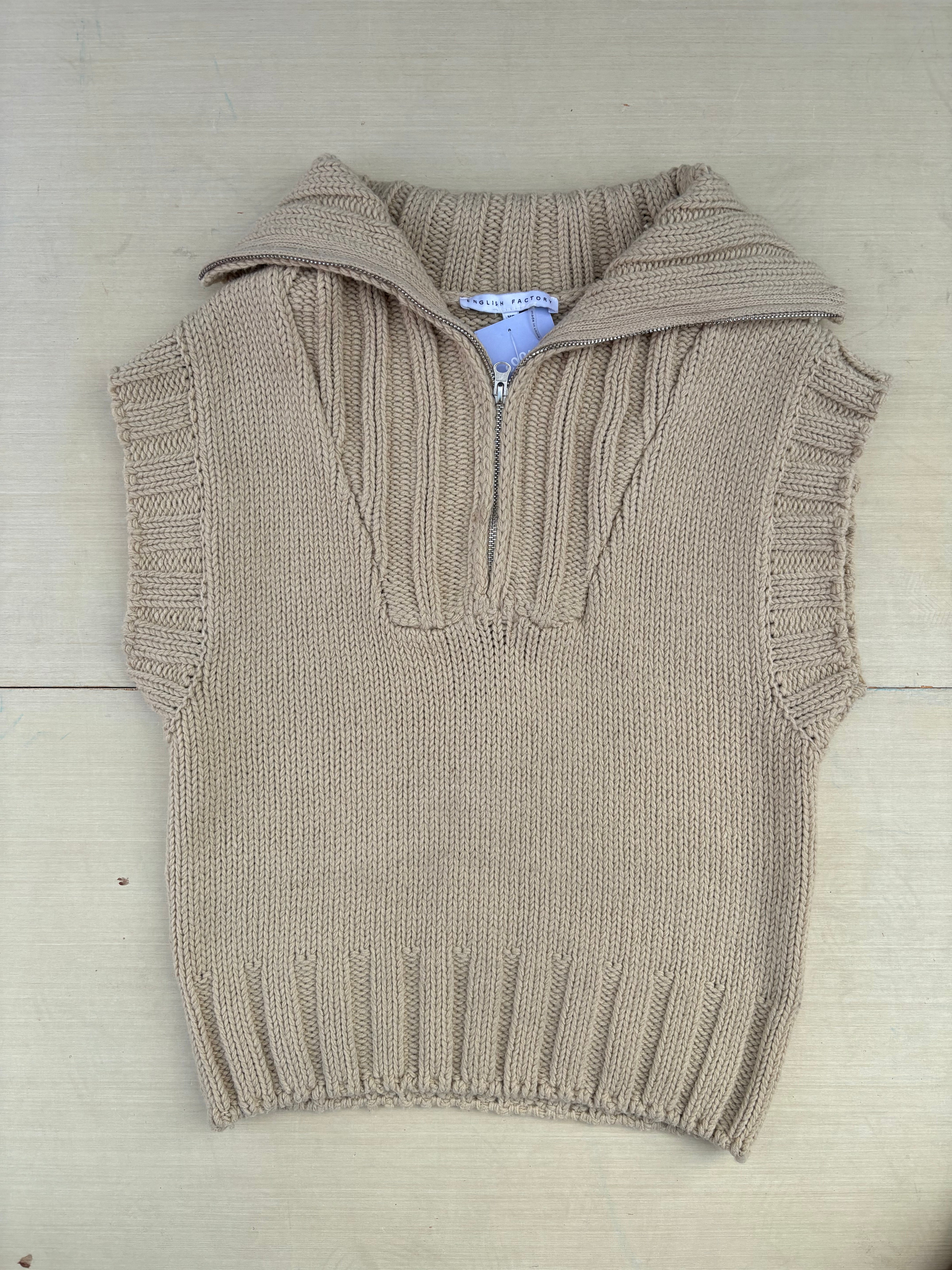beige english factory sleeveless sweater w thick collar, xs