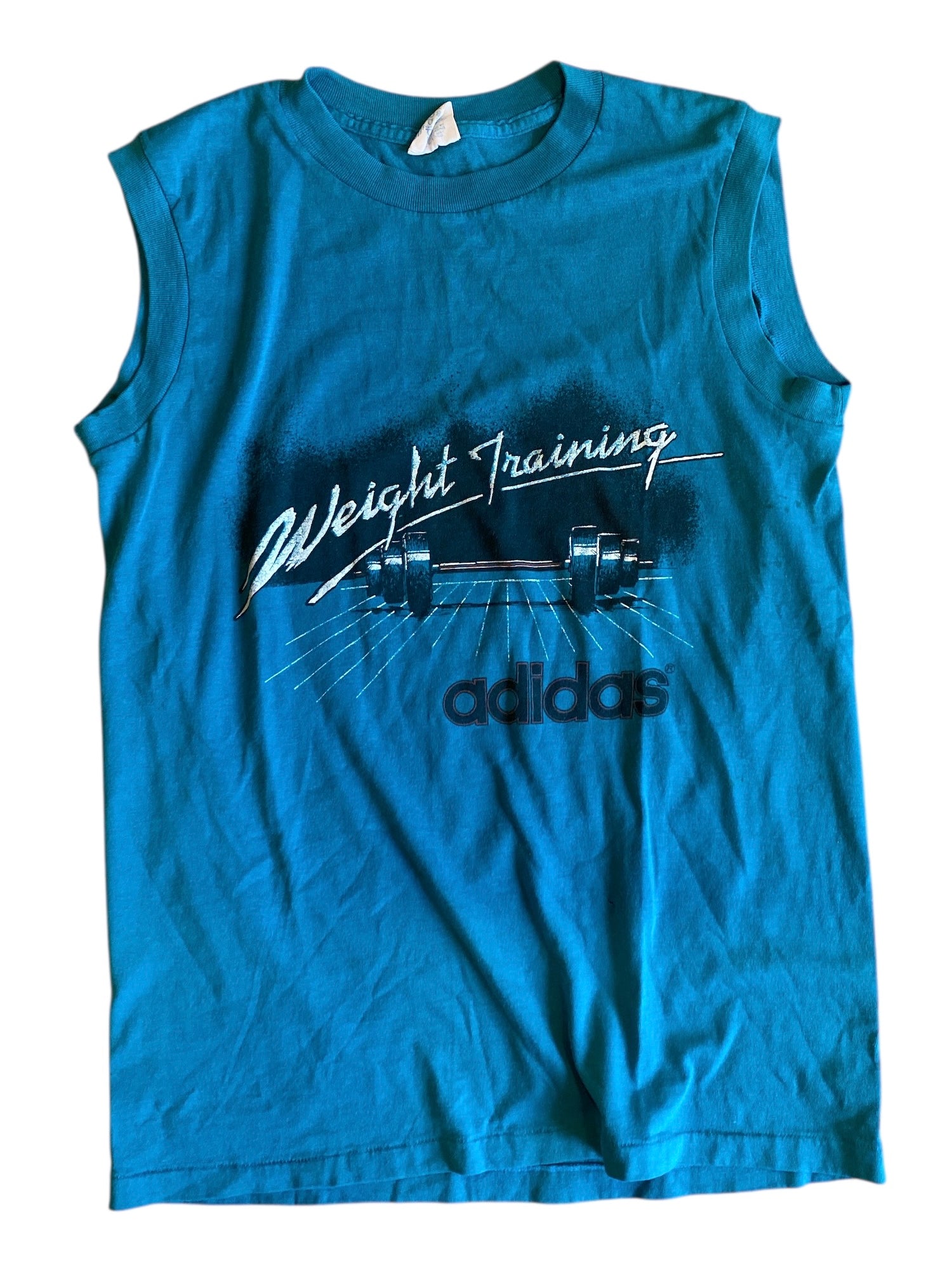 teal adidas 70s weight training muscle tee, m