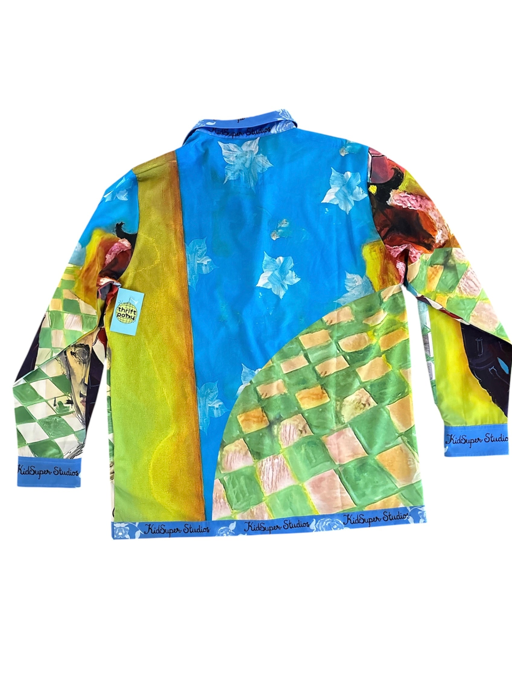 blue green yellow multi kid super studios graphic button down, 2x