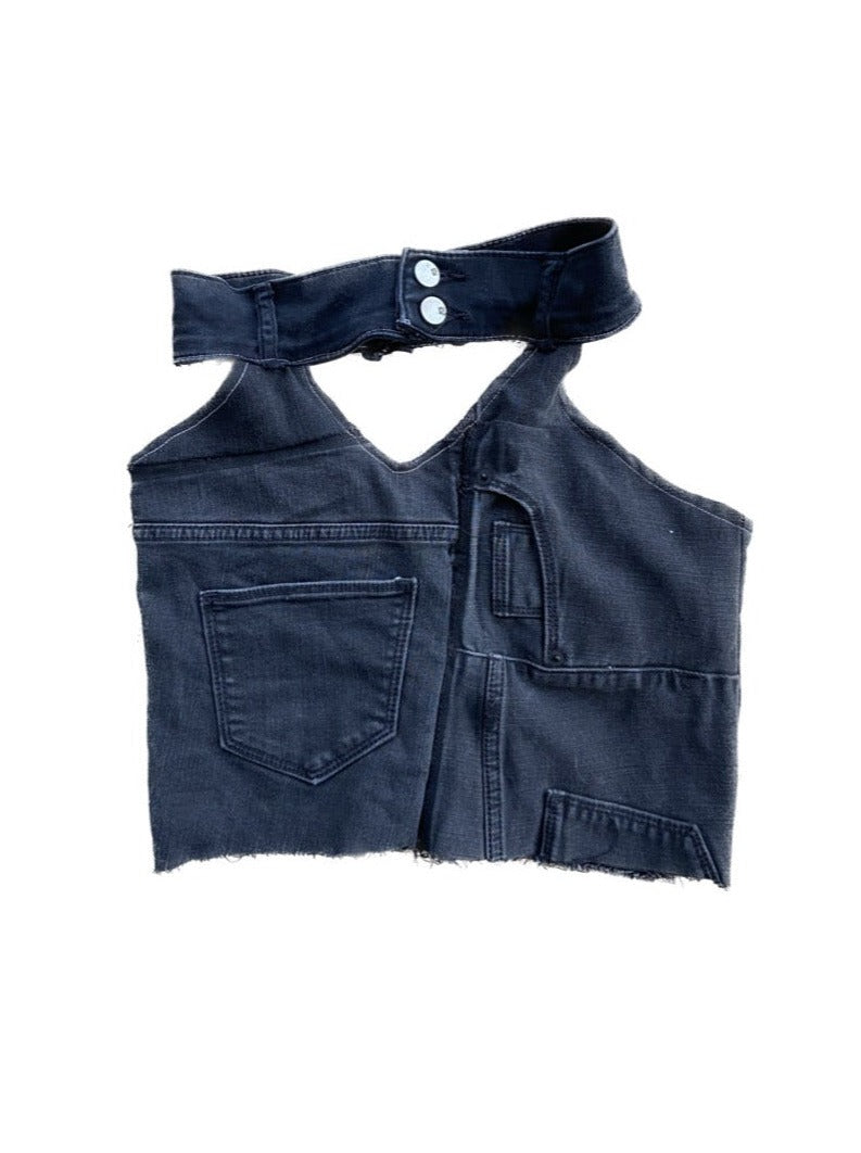 black  handmade upcycled denim cropped halter top, s-L