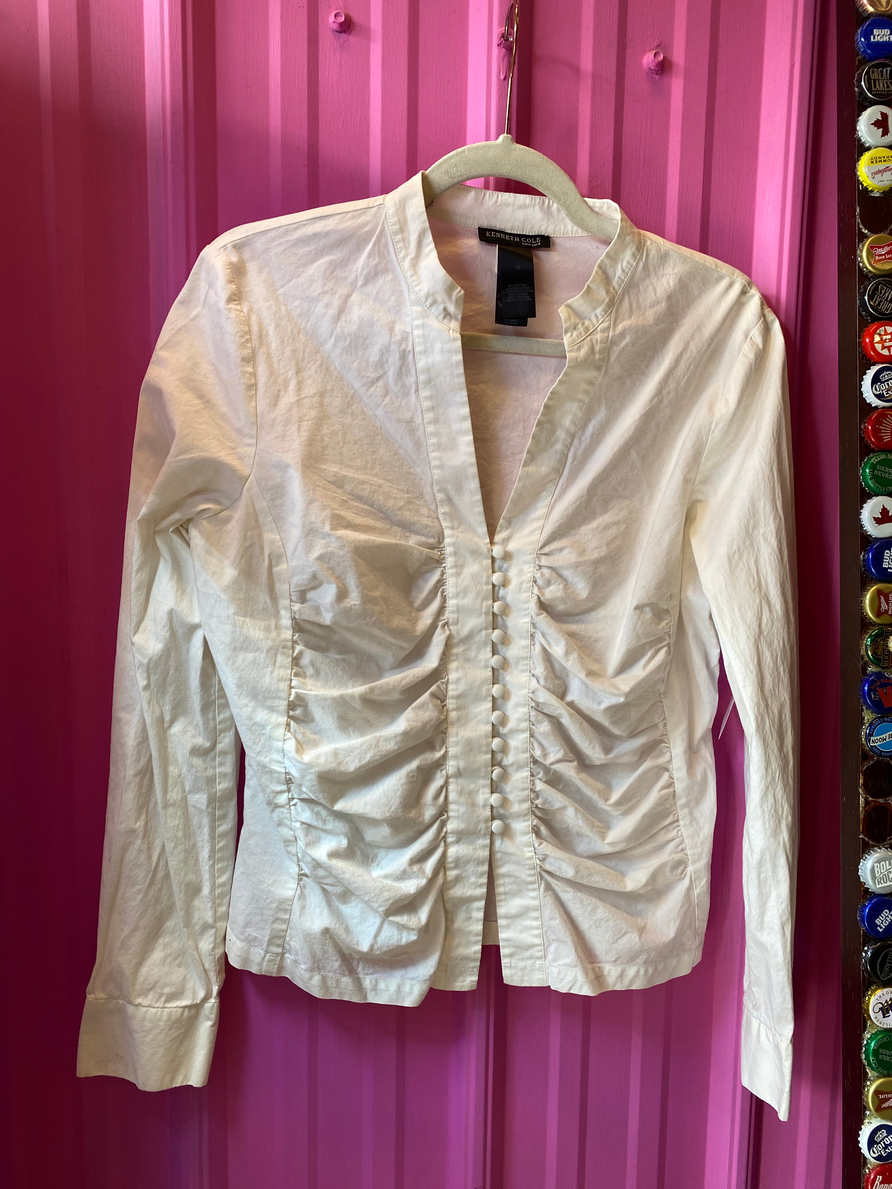 white kenneth cole button up ruch long sleeve top, 10