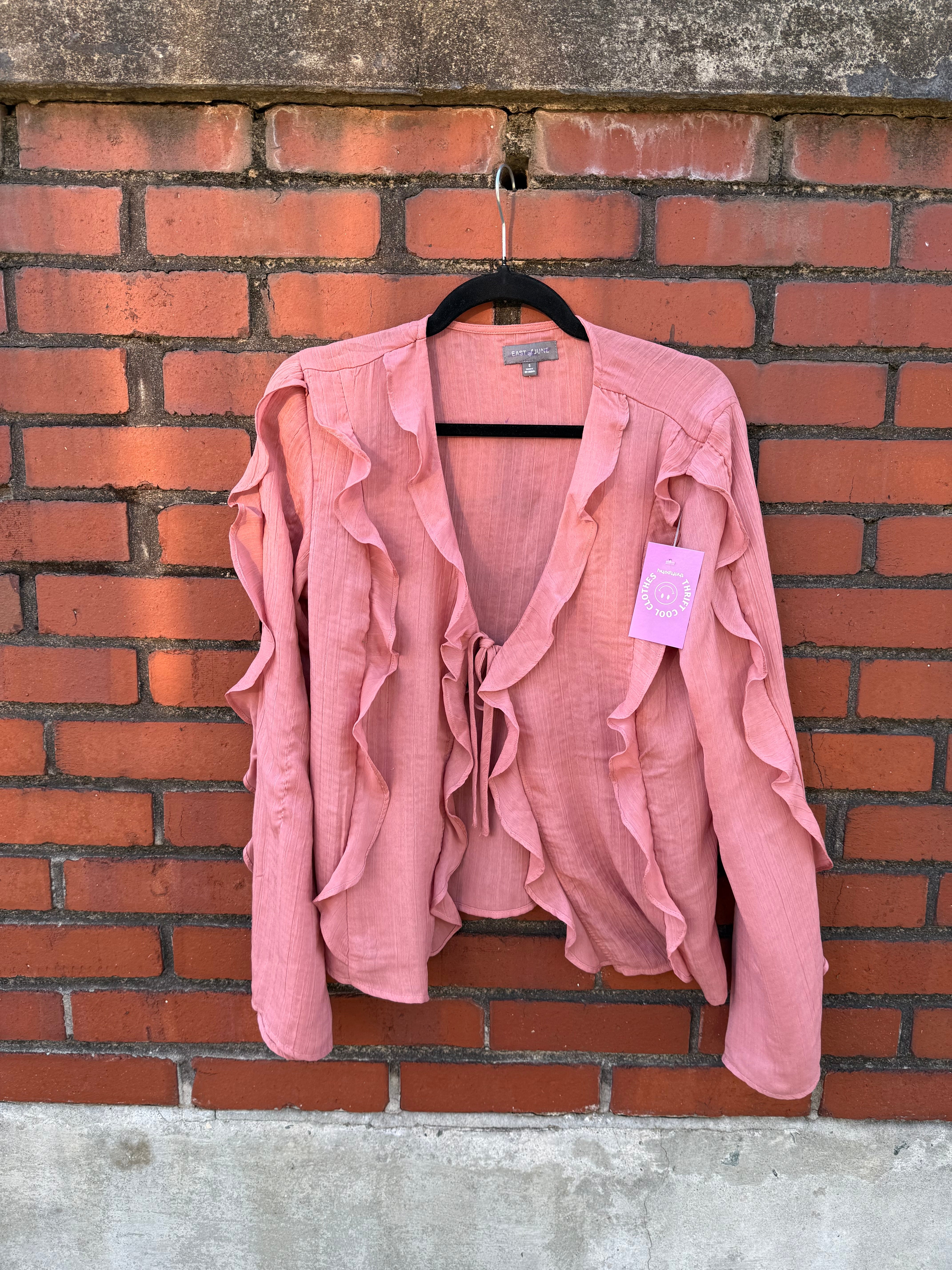 pink east of june ruffle tie front ls blouse, s