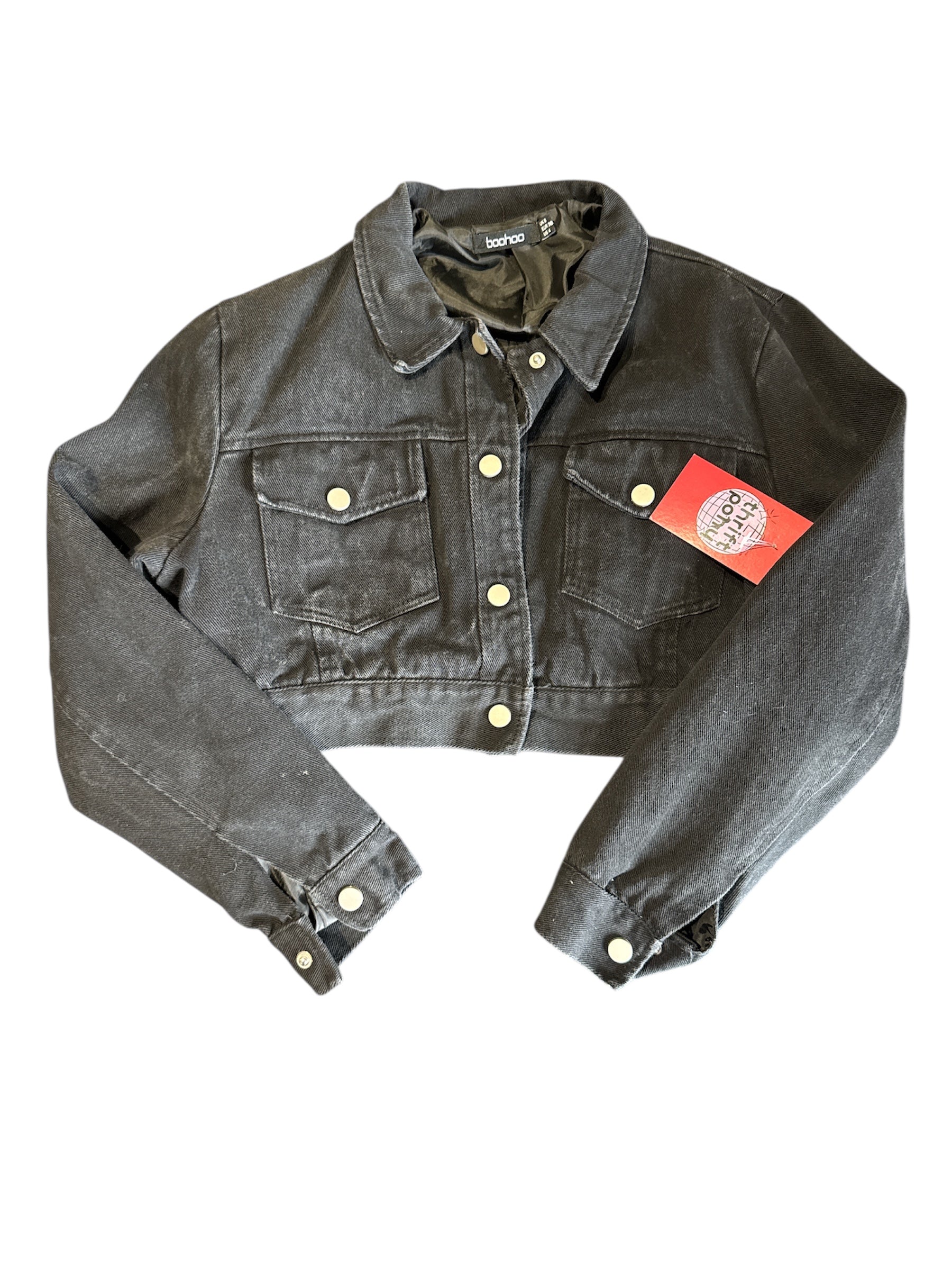 black boohoo crop denim jacket, 4