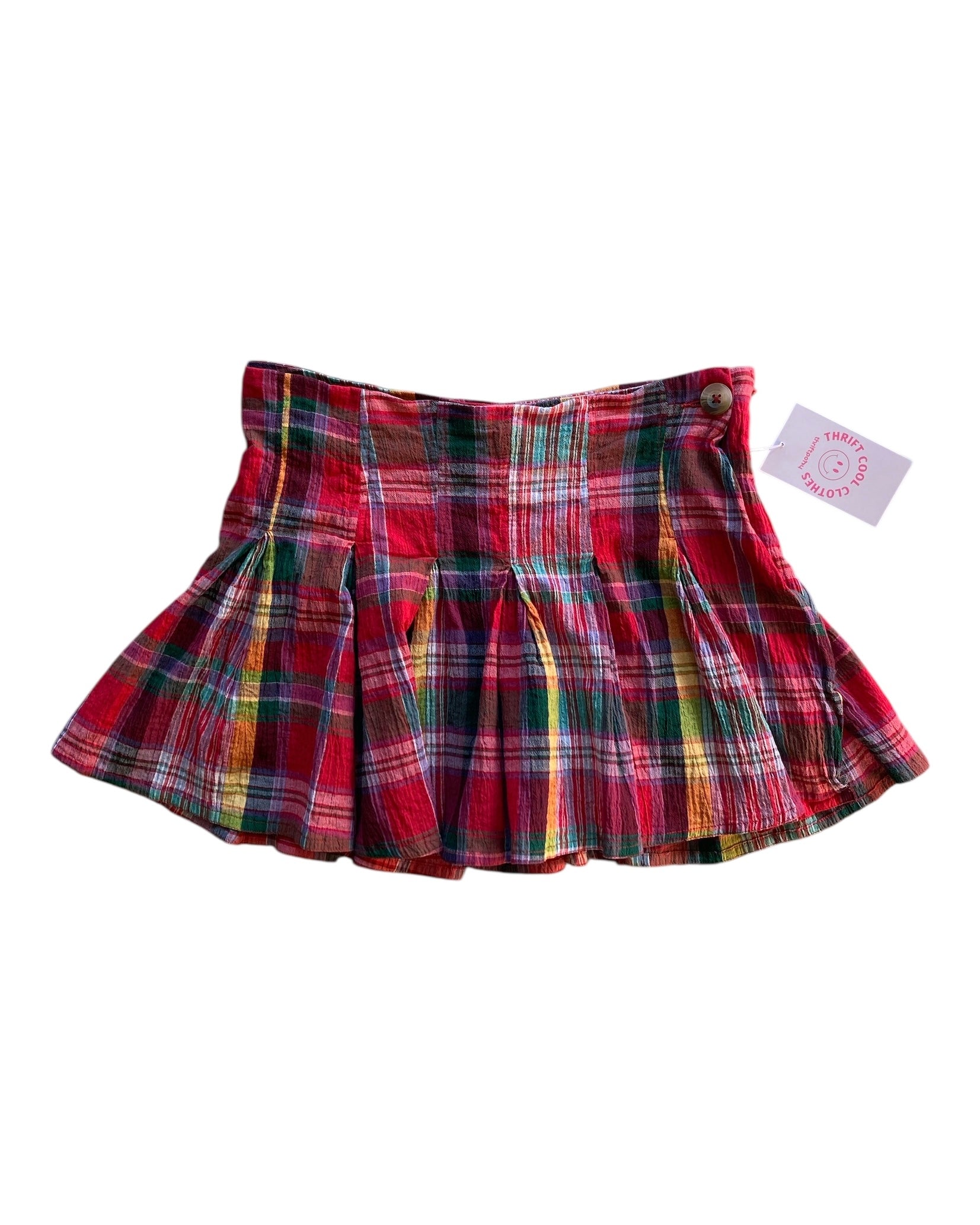red green yellow pink bdg linen plaid pleated mini skirt, xs