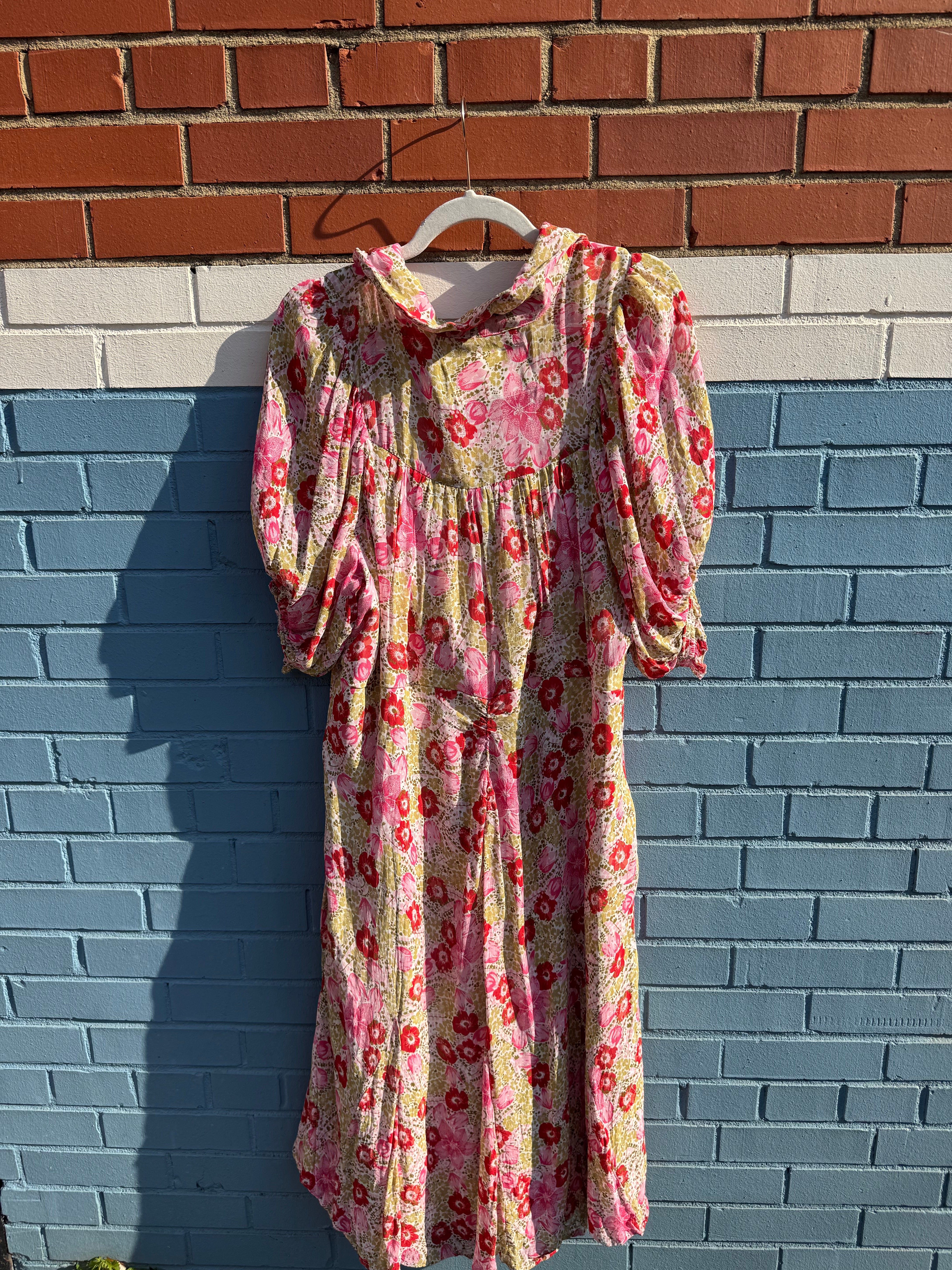 green pink red Anthropologie floral ss flowy dress, 22 (fits like 3xl)