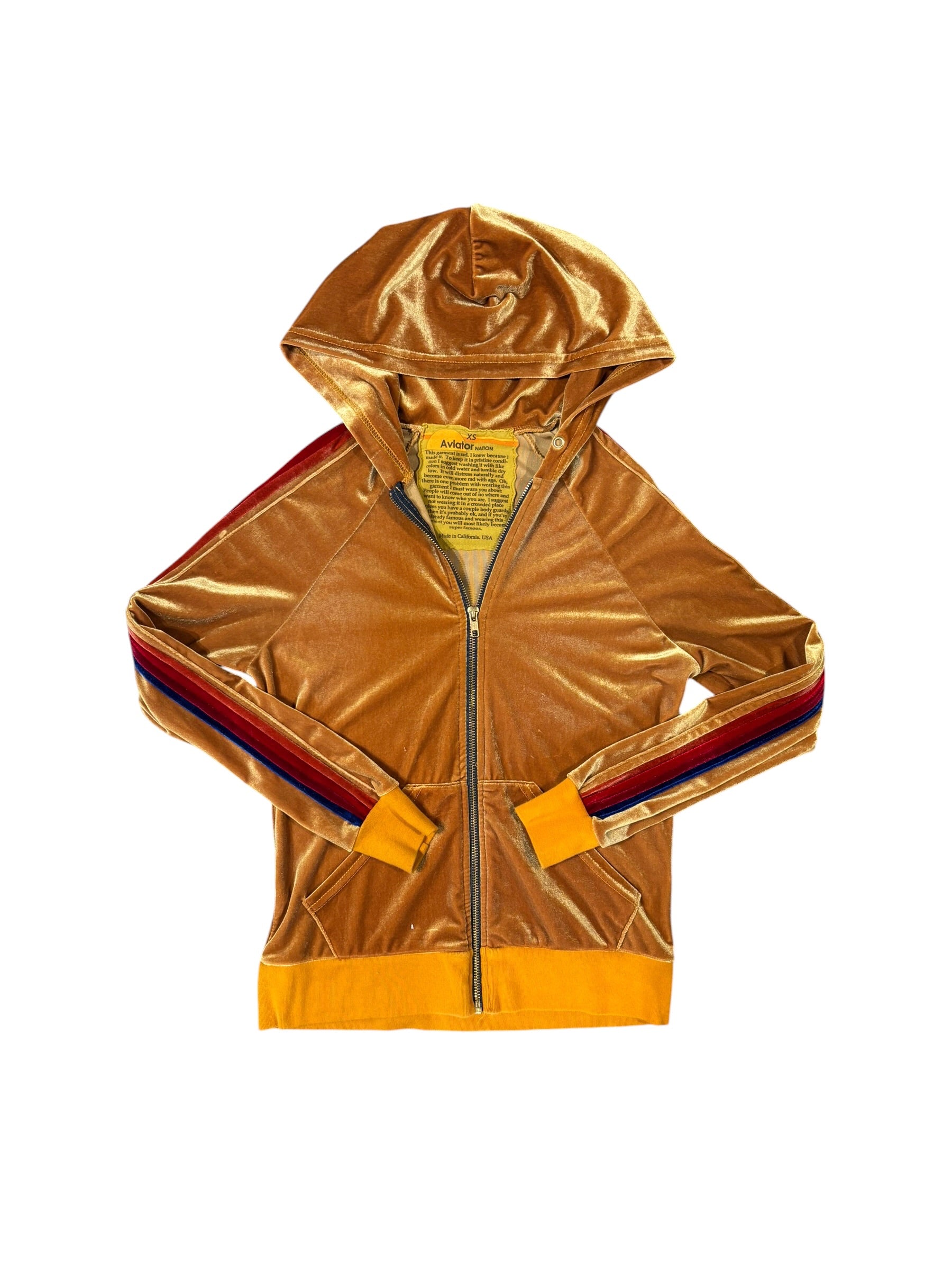 yellow aviator velour zip up top, xs