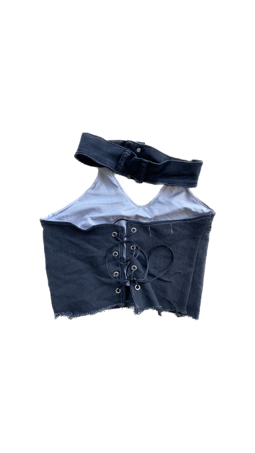 black  handmade upcycled denim cropped halter top, s-L