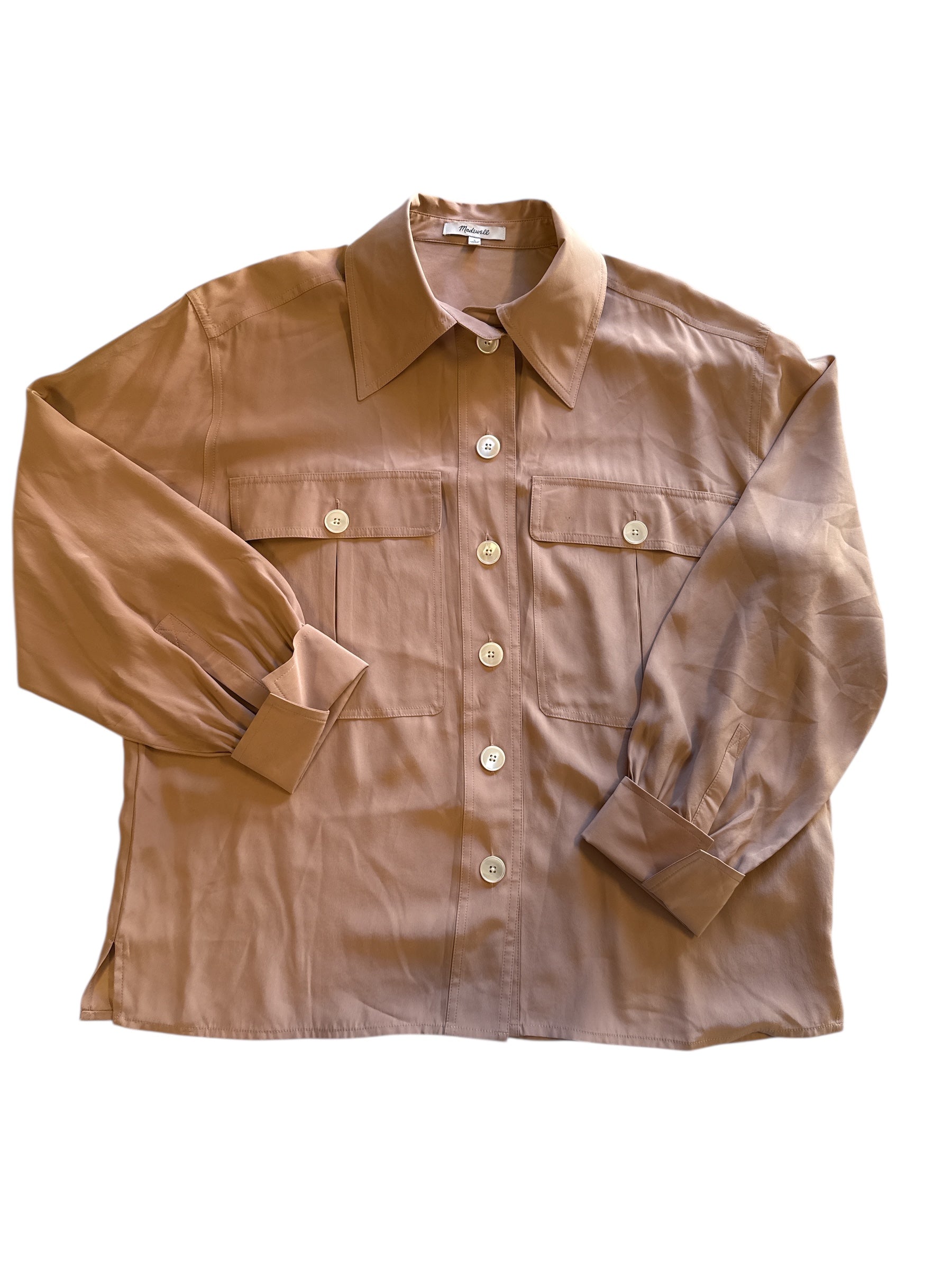 tan madewell satin large button down blouse, L