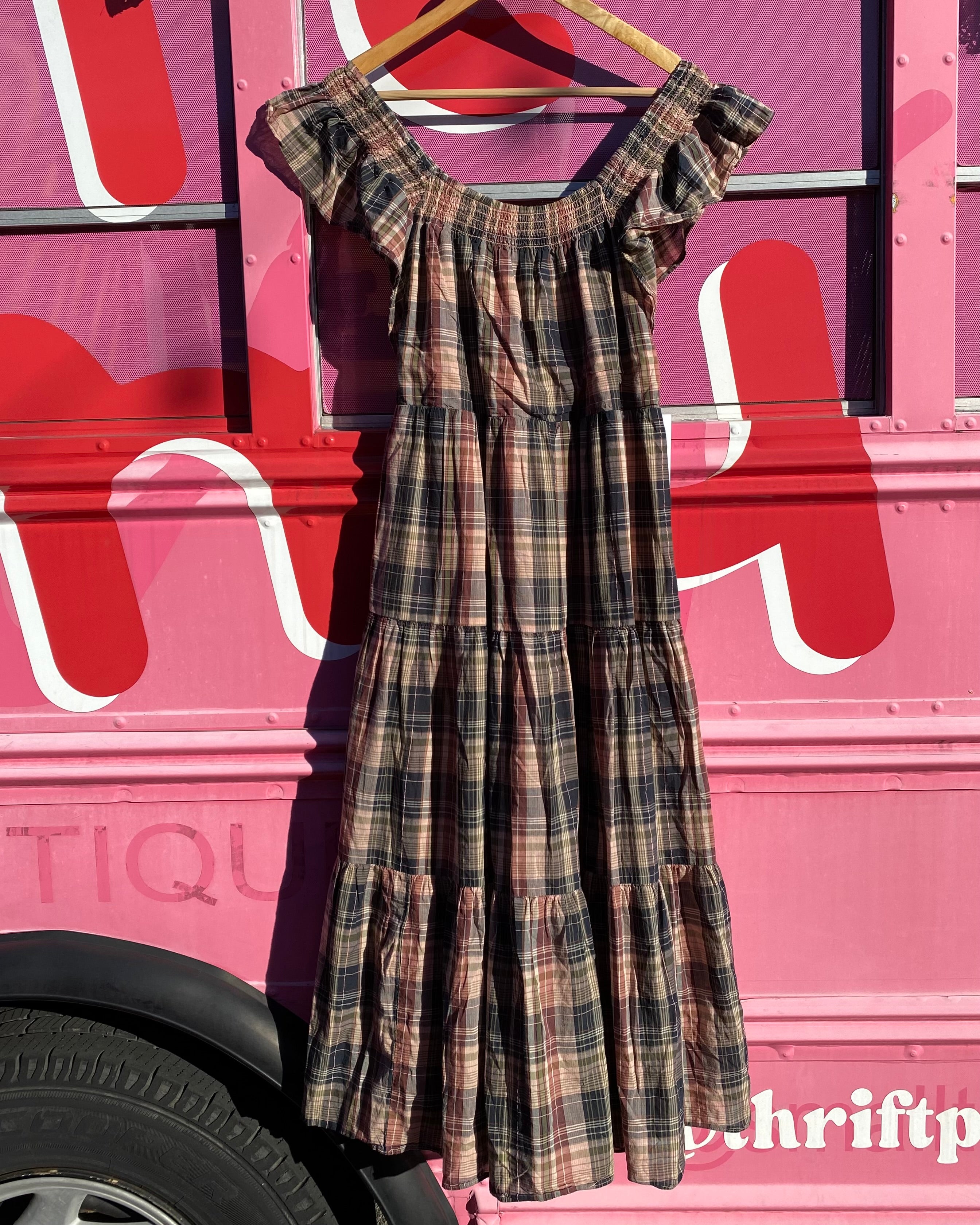 brown black madewell plaid tiered maxi ss dress, s