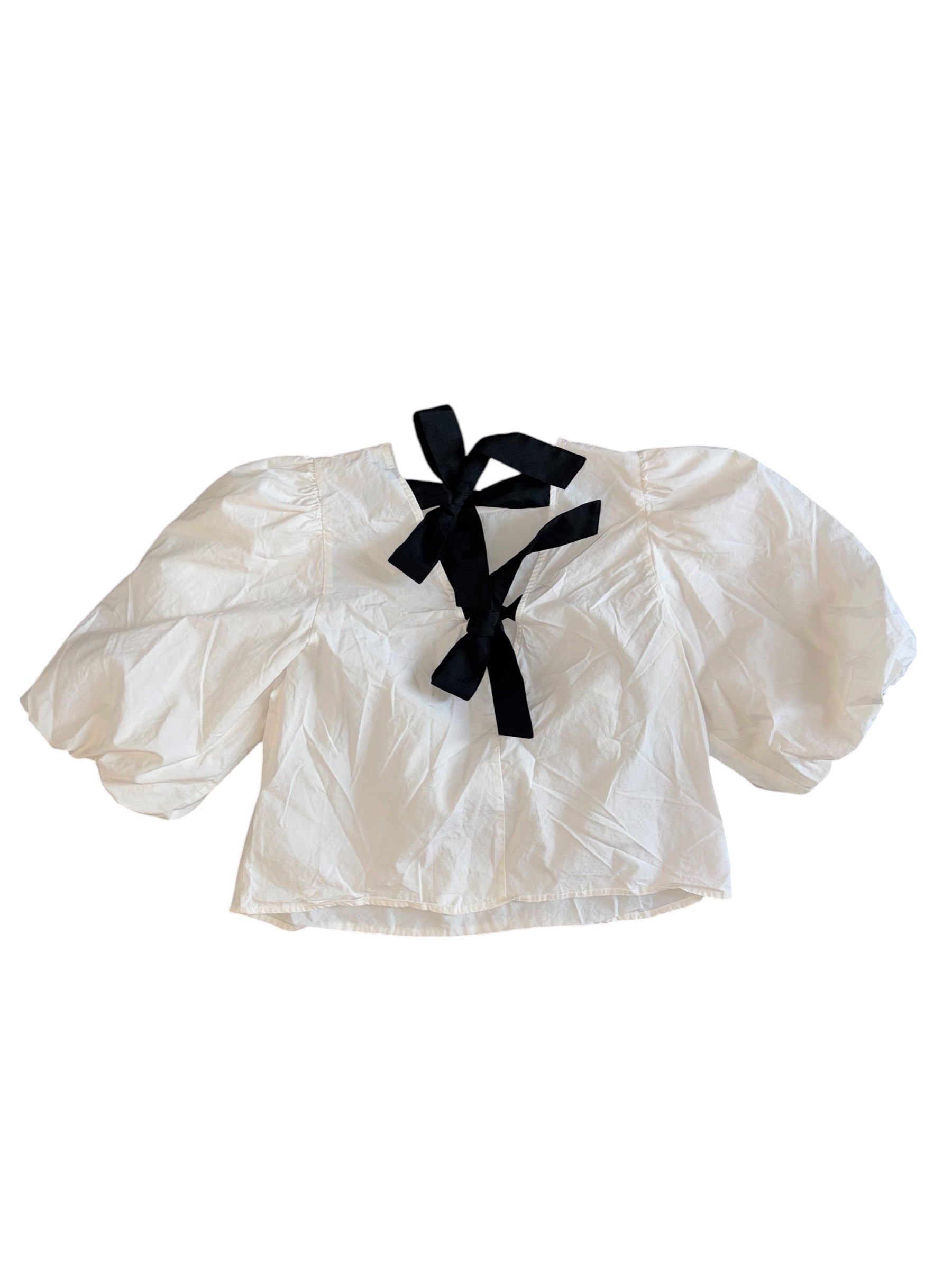 white black divided puff sleeve bow back top, m