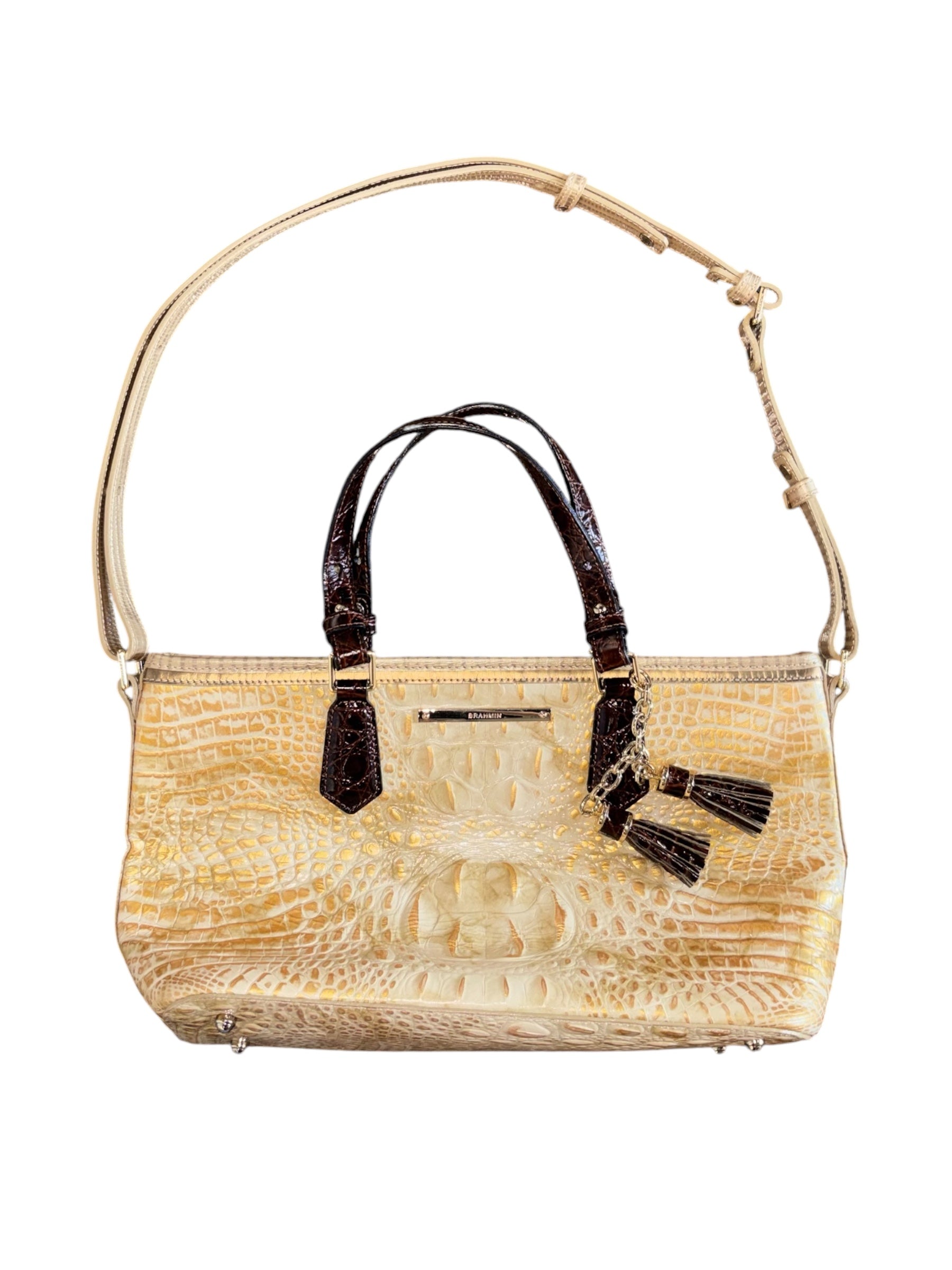 gold brown brahmin metallic animal print mini tote purse