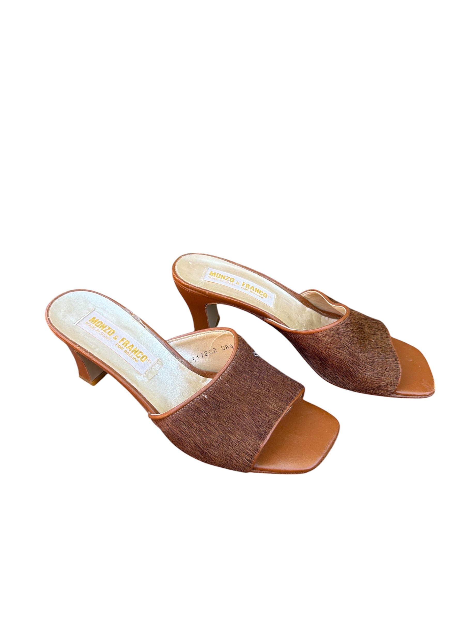 brown monzo & franco pony hair leather slide heels, 8