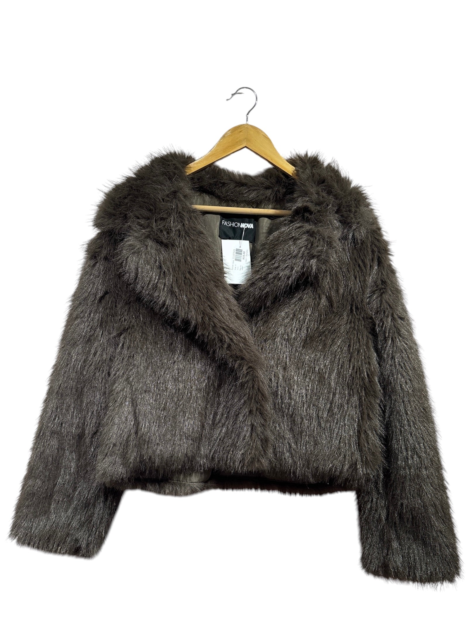 brown fashion nova faux fur jacket, m