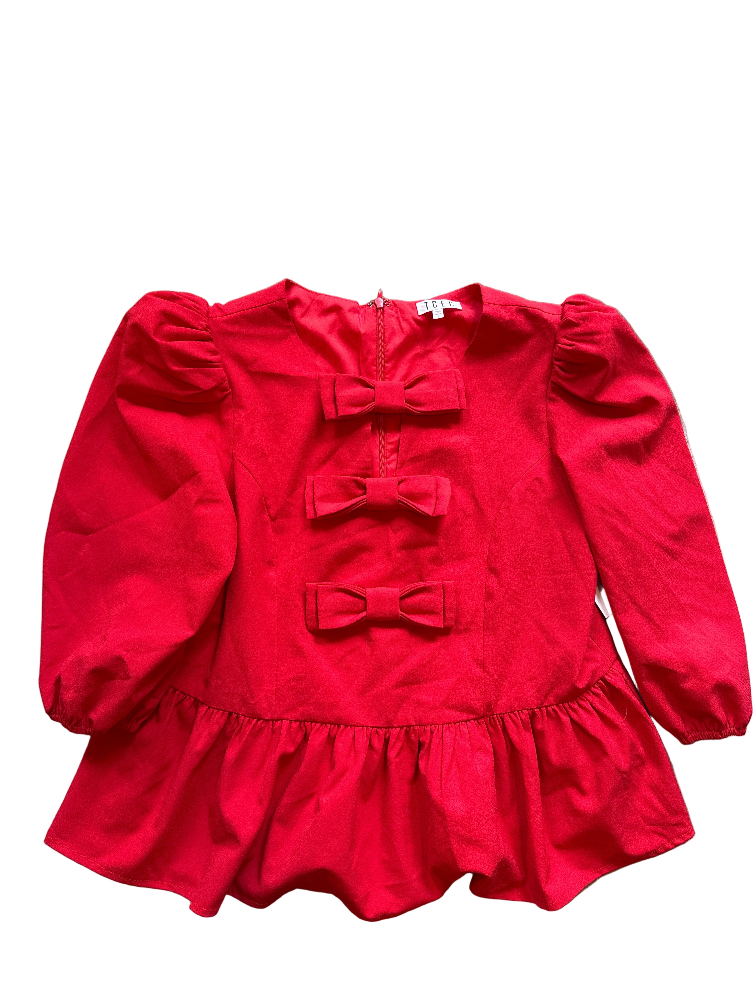 red tcec peplum top w bow and puffer sleeve, L