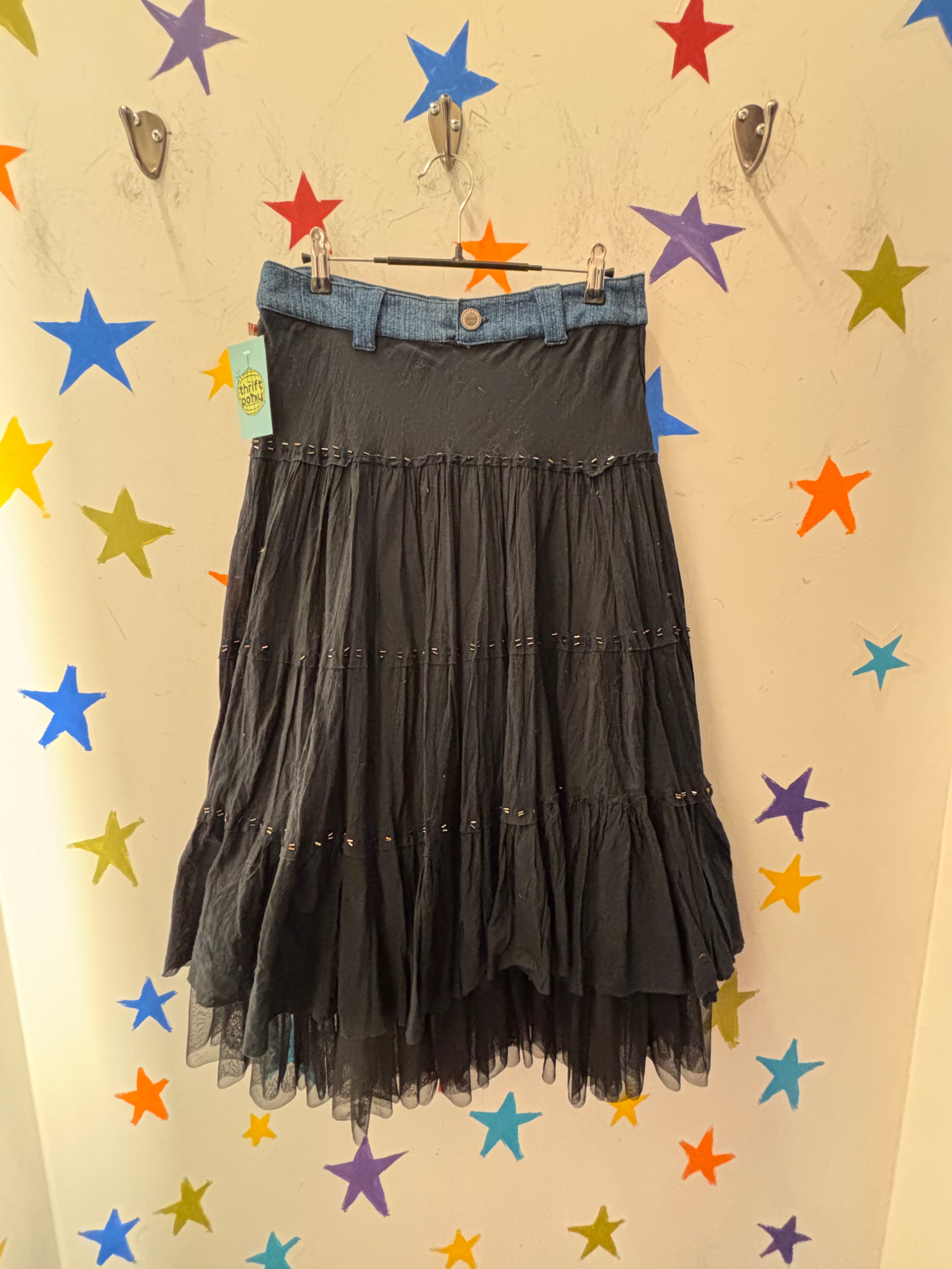black blue xoxo boho beaded denim trim skirt, 5/6