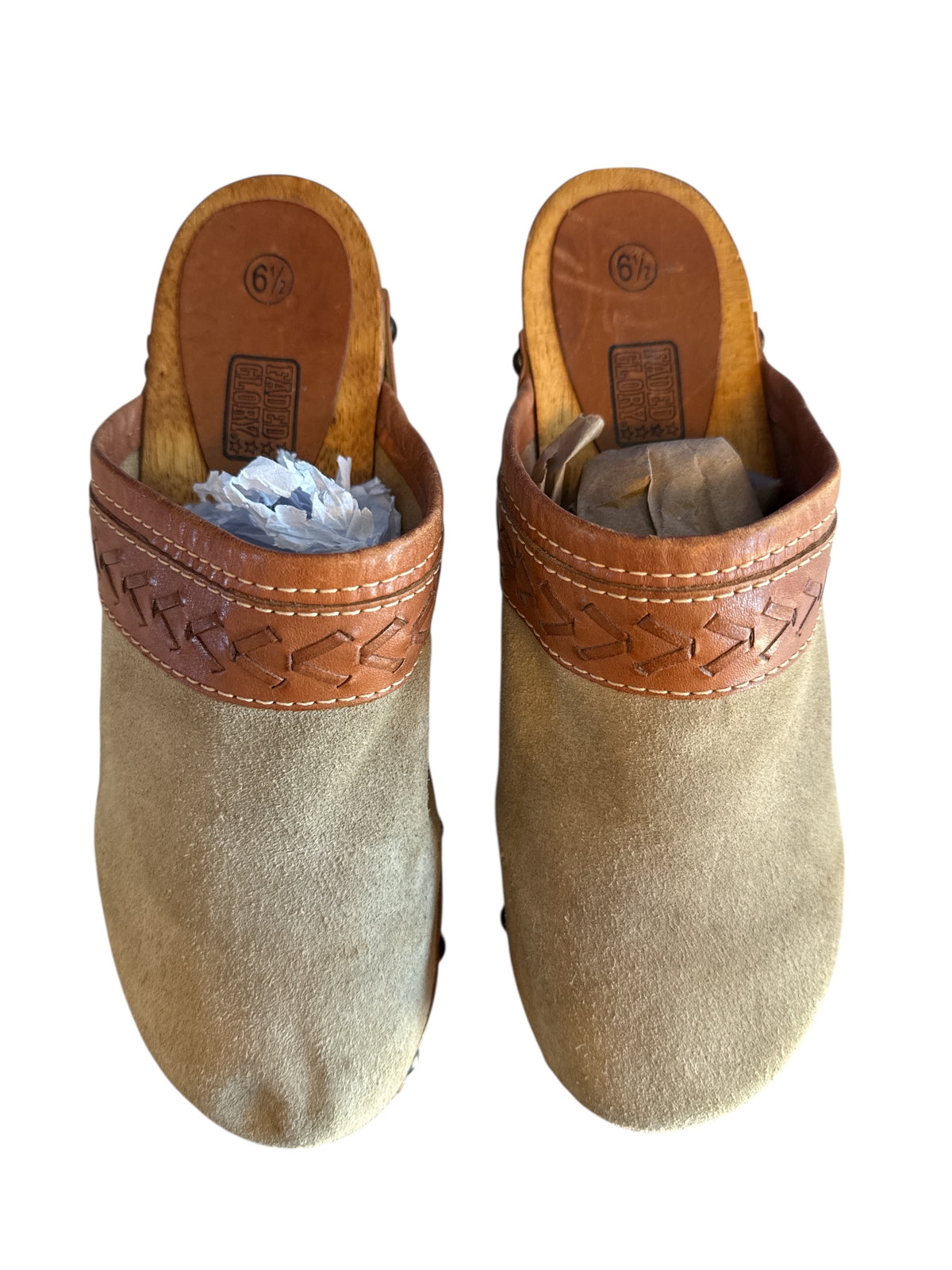 brown tan faded glory suede clogs, 6.5