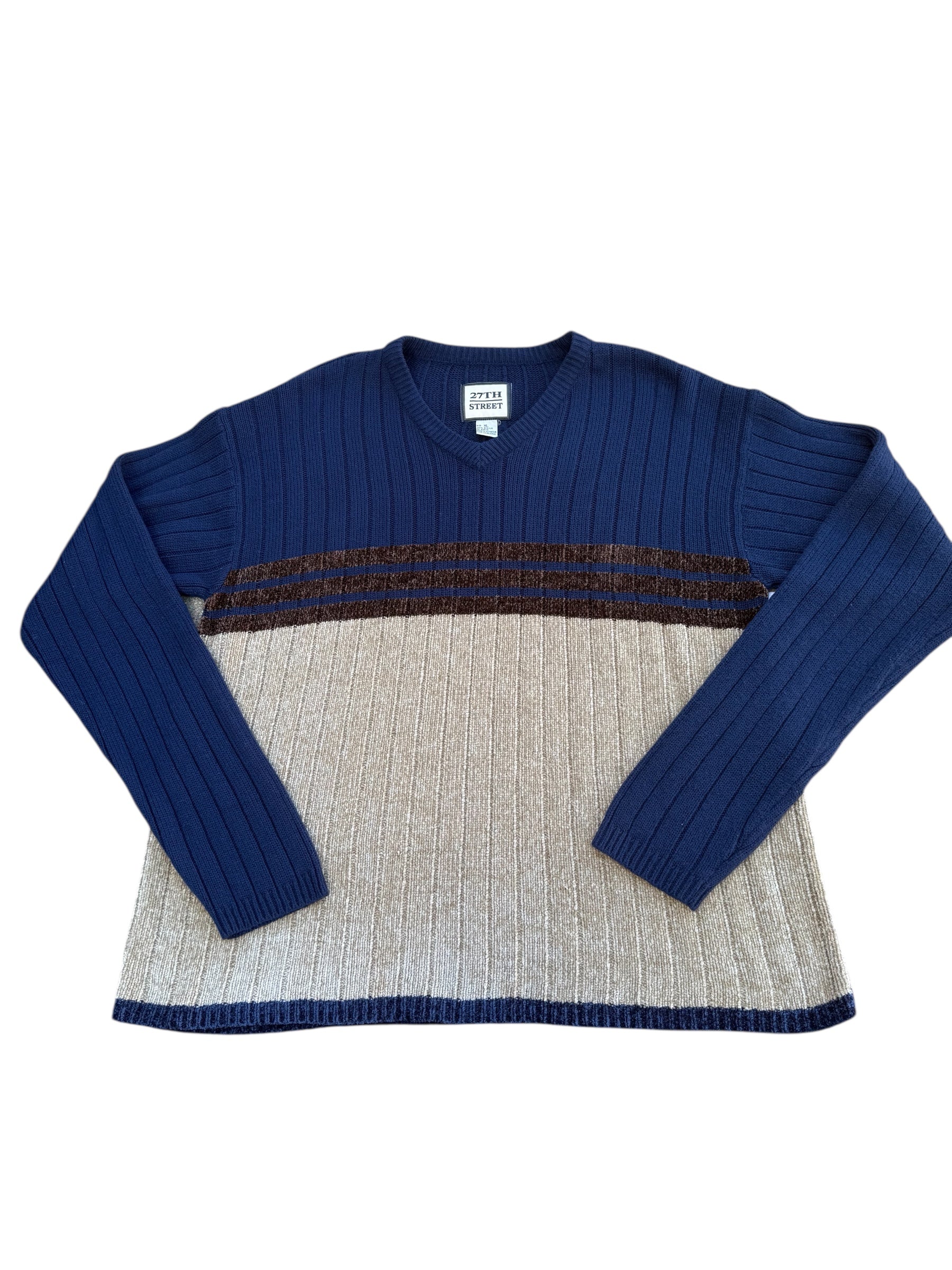 Blue tan brown 27th street V neck sweater, Xl