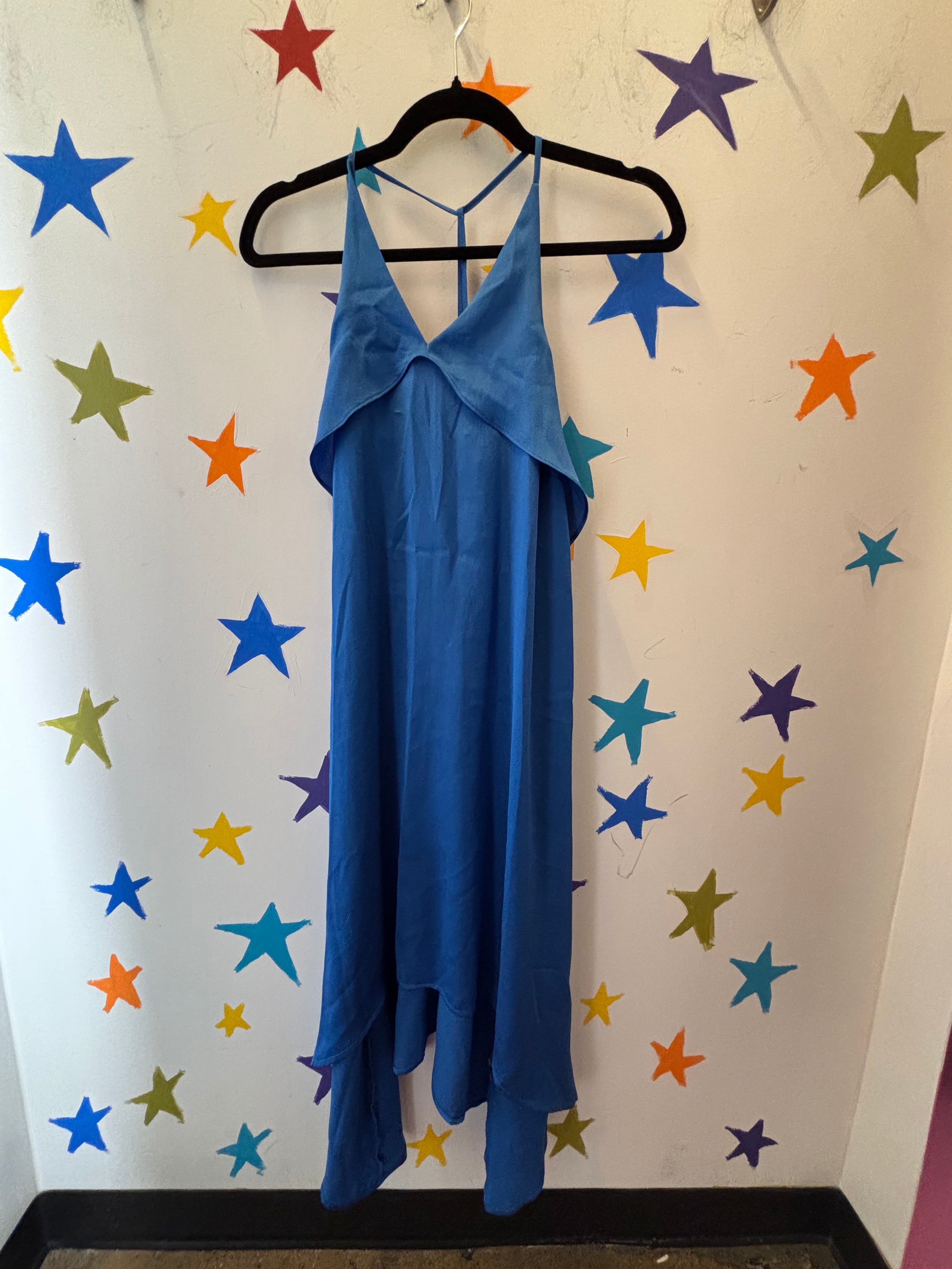 blue yas satin v neck ruffle dress