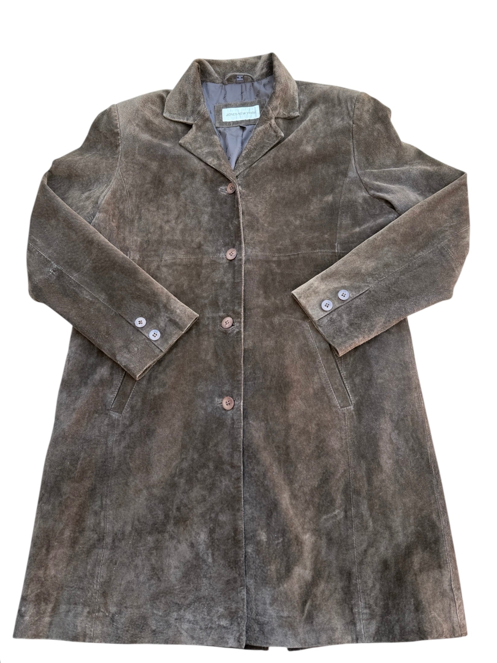 brown jones new york suede buttton trench, L