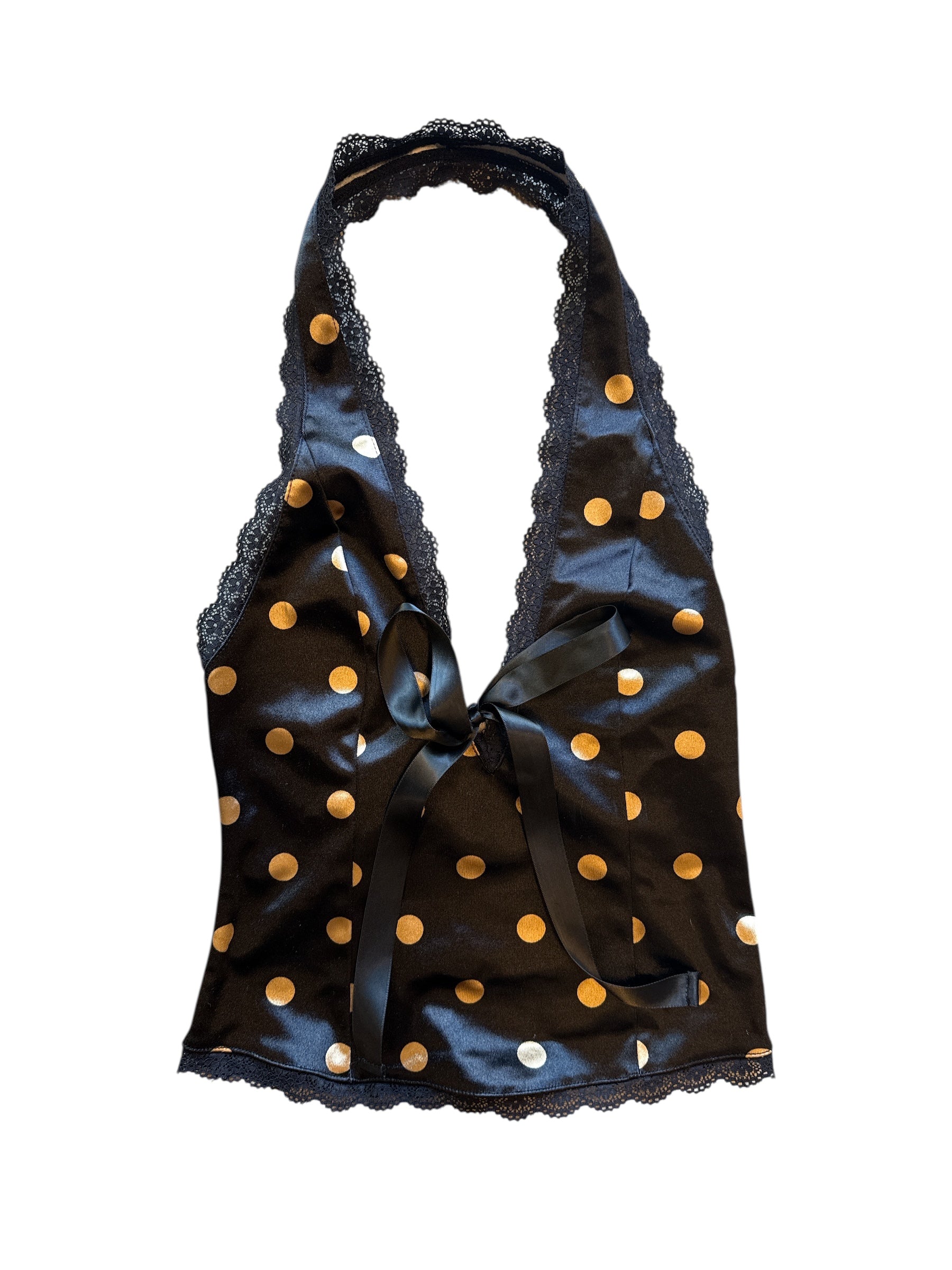 black tan kimchi blue polka dot halter top, s