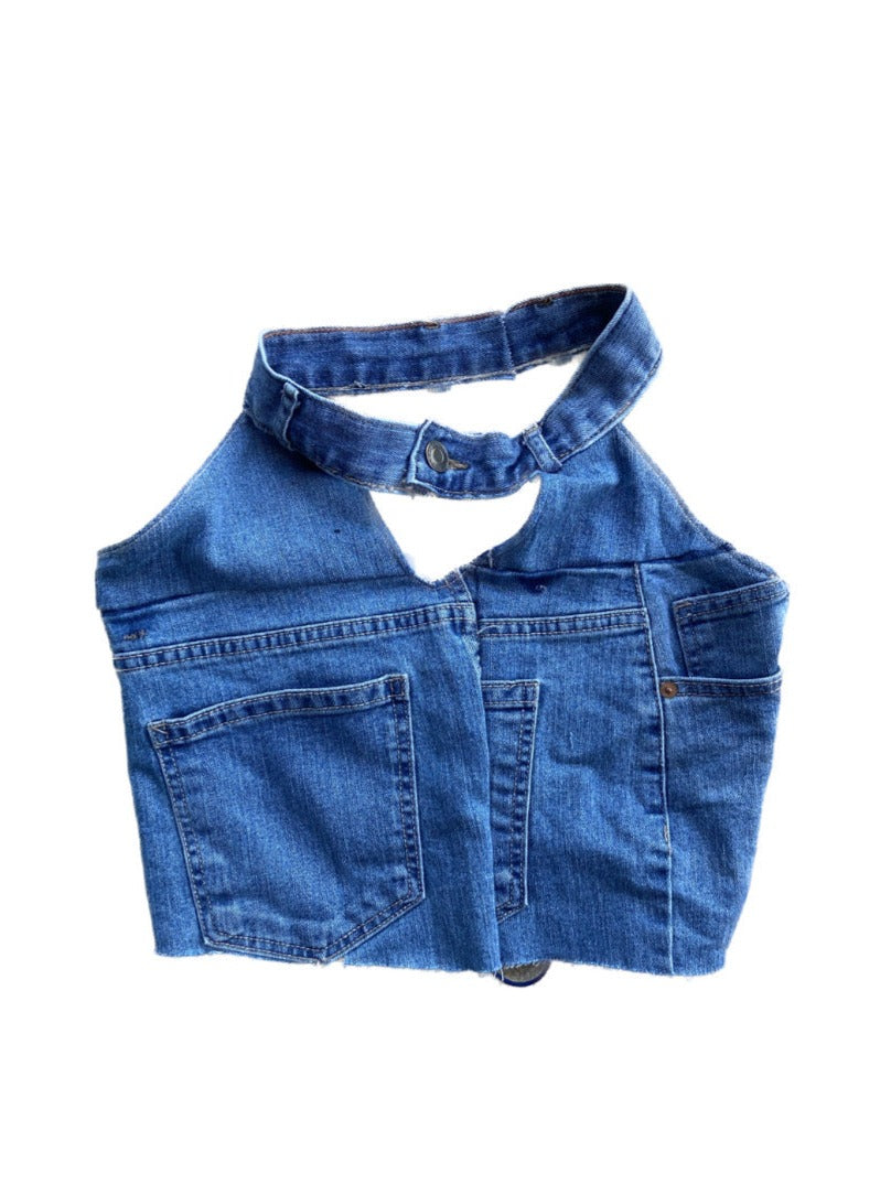 light blue  handmade upcycled denim cropped halter top, S
