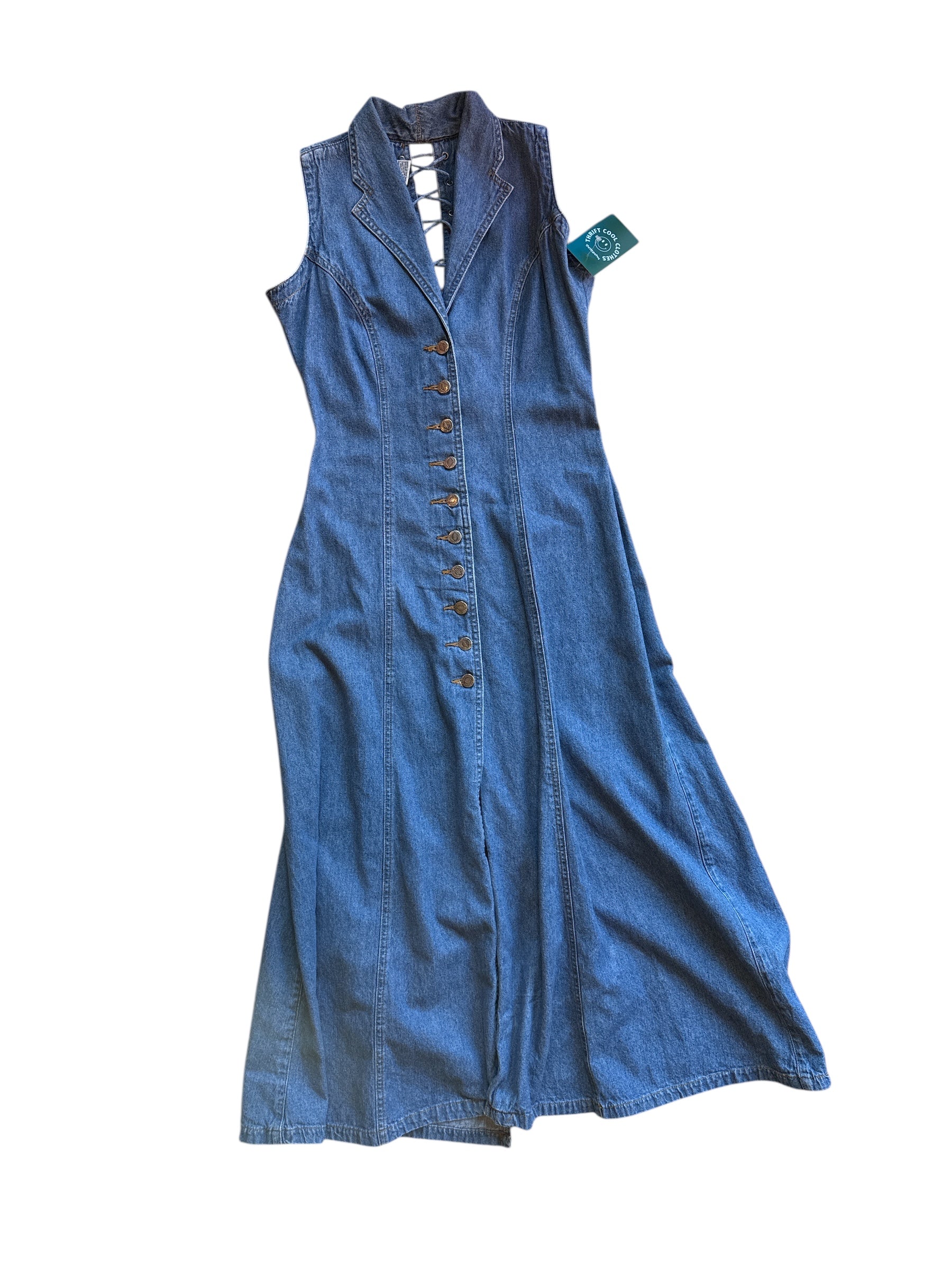 blue squeeze vtg denim buttup up maxi dress, m