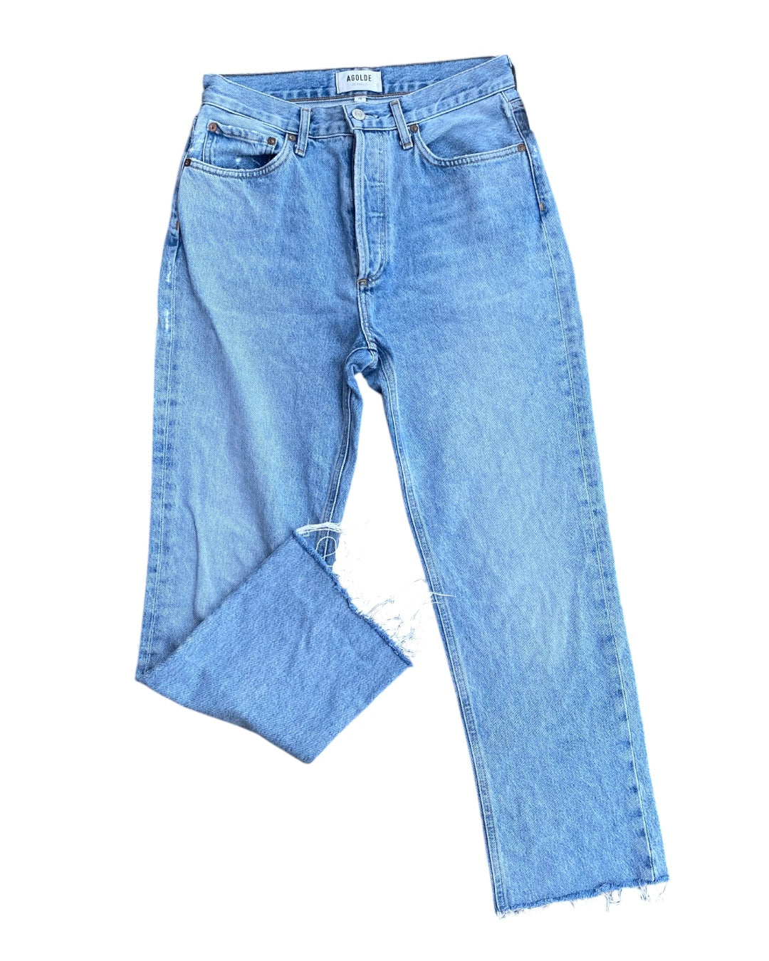 blue Agolde Light wash frayed bootcut jean, 26