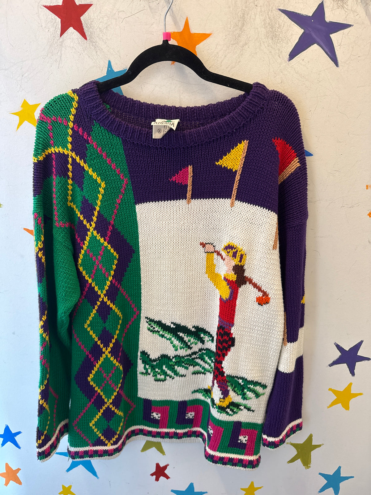 purple green andina argyle golf sweater, m