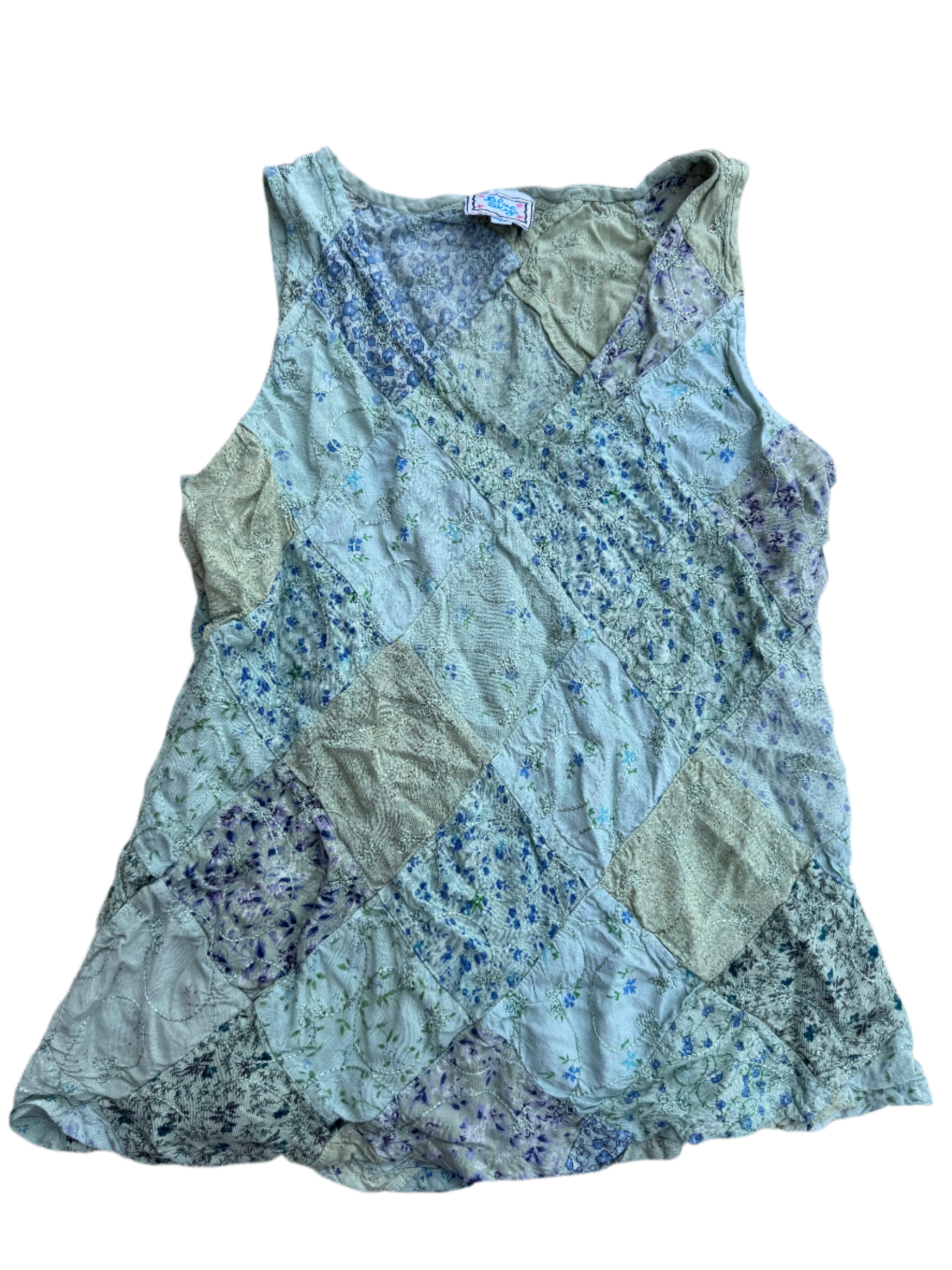 green blue sky patchwork embroidered tank, L