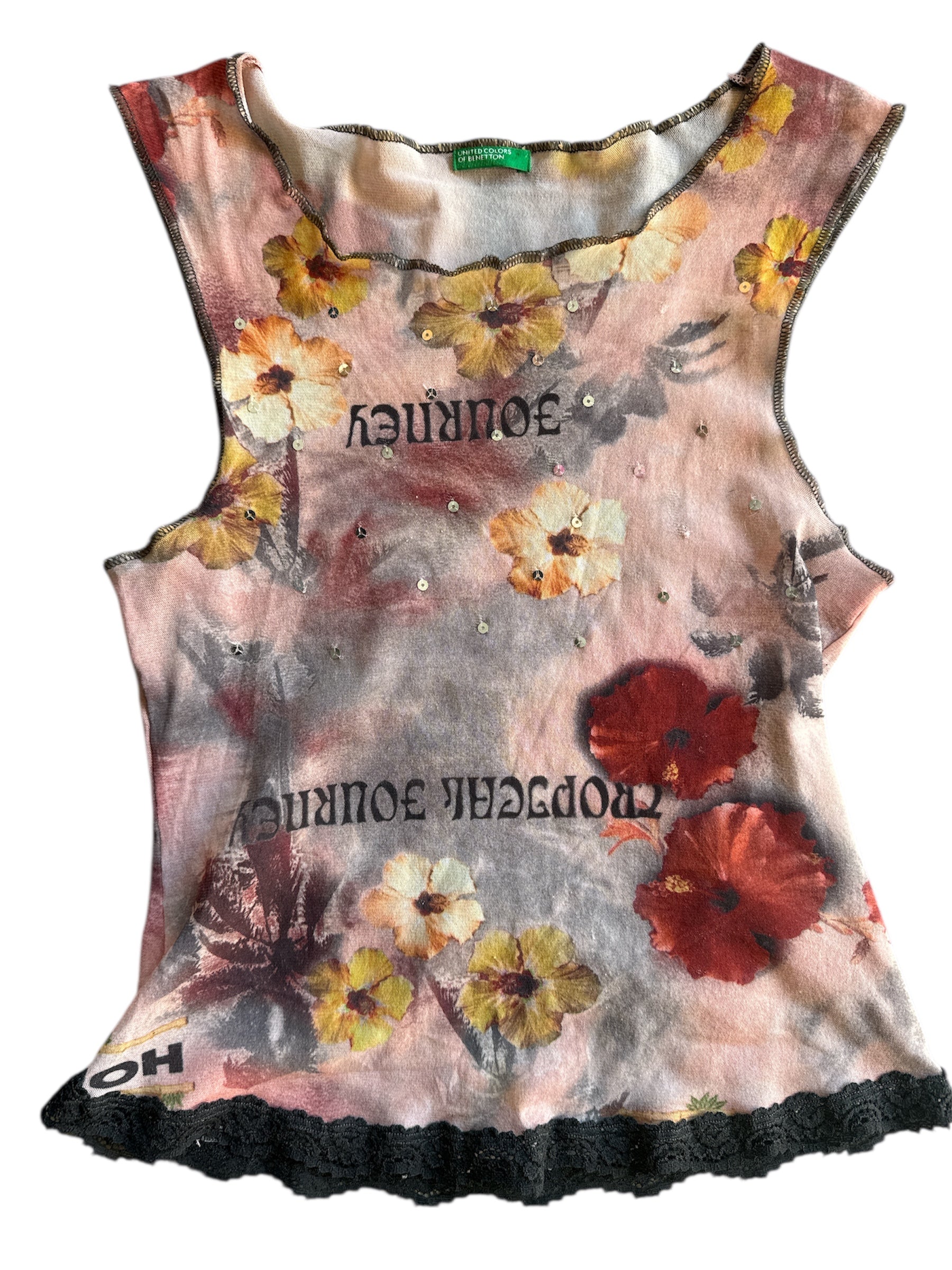dusty pink multi united colors of benneton sheer floral journey tank y2k, s