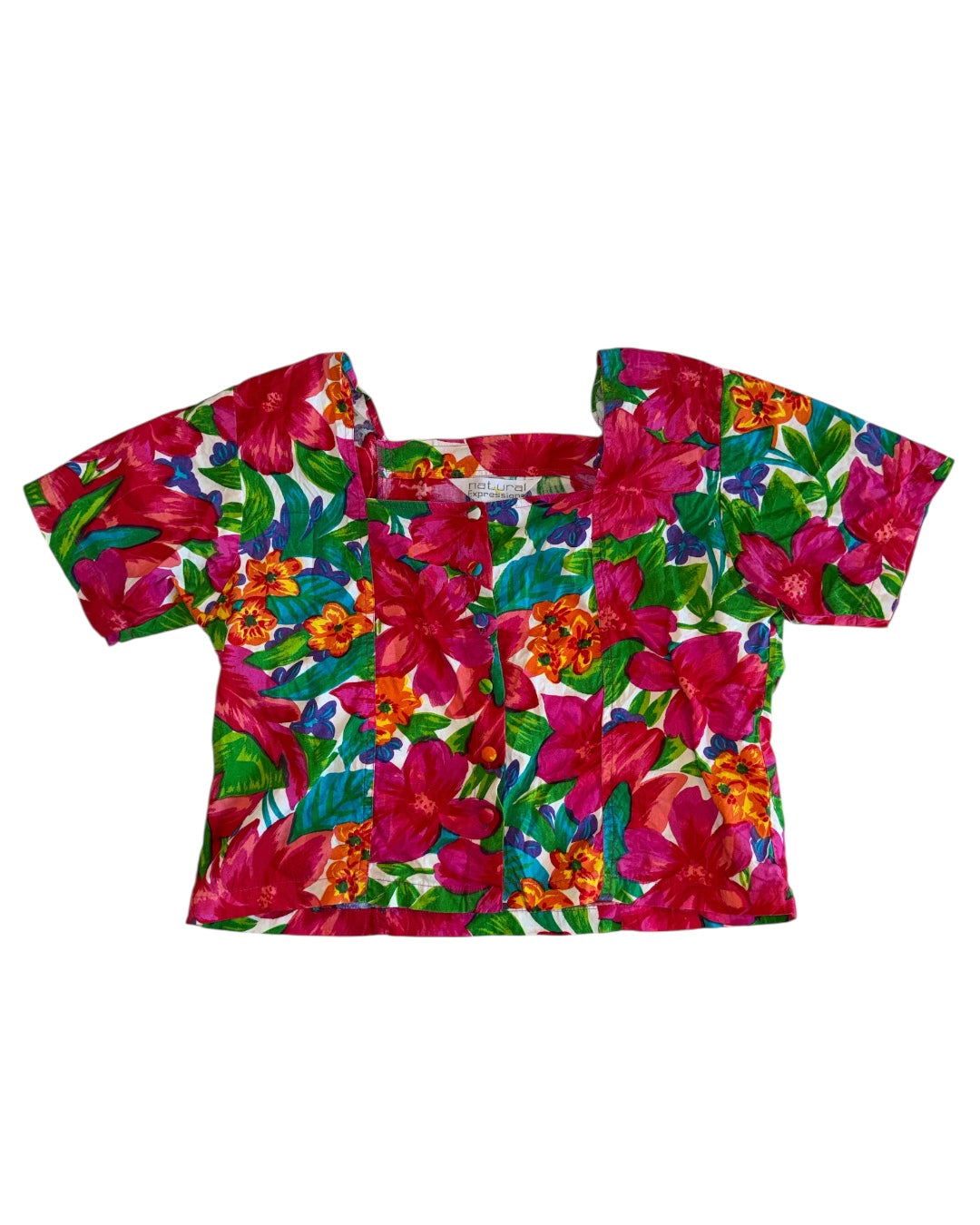 Pink Natural Expressions Floral button up ss top, L