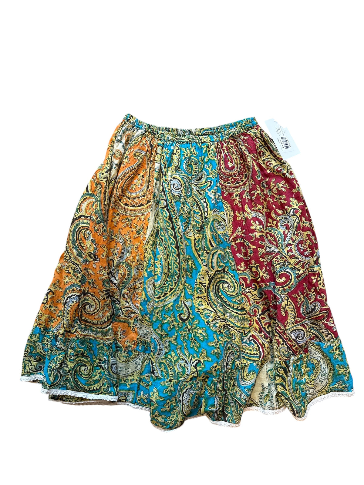 orange blue red raj lace trim paisley midi skirt, One size but fits like S-M