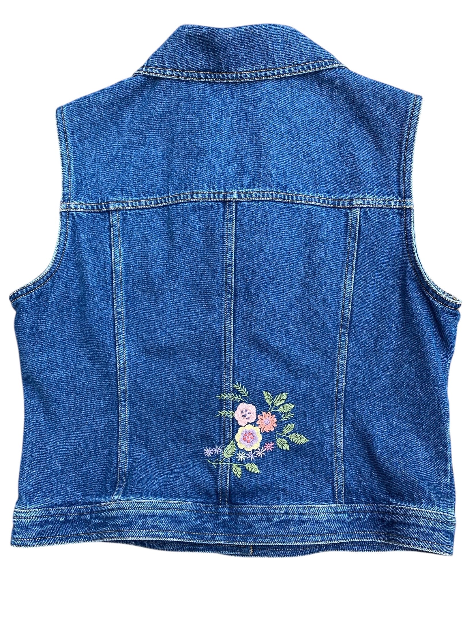 blue pink susan bristol denim vest w floral embroidery, Pm