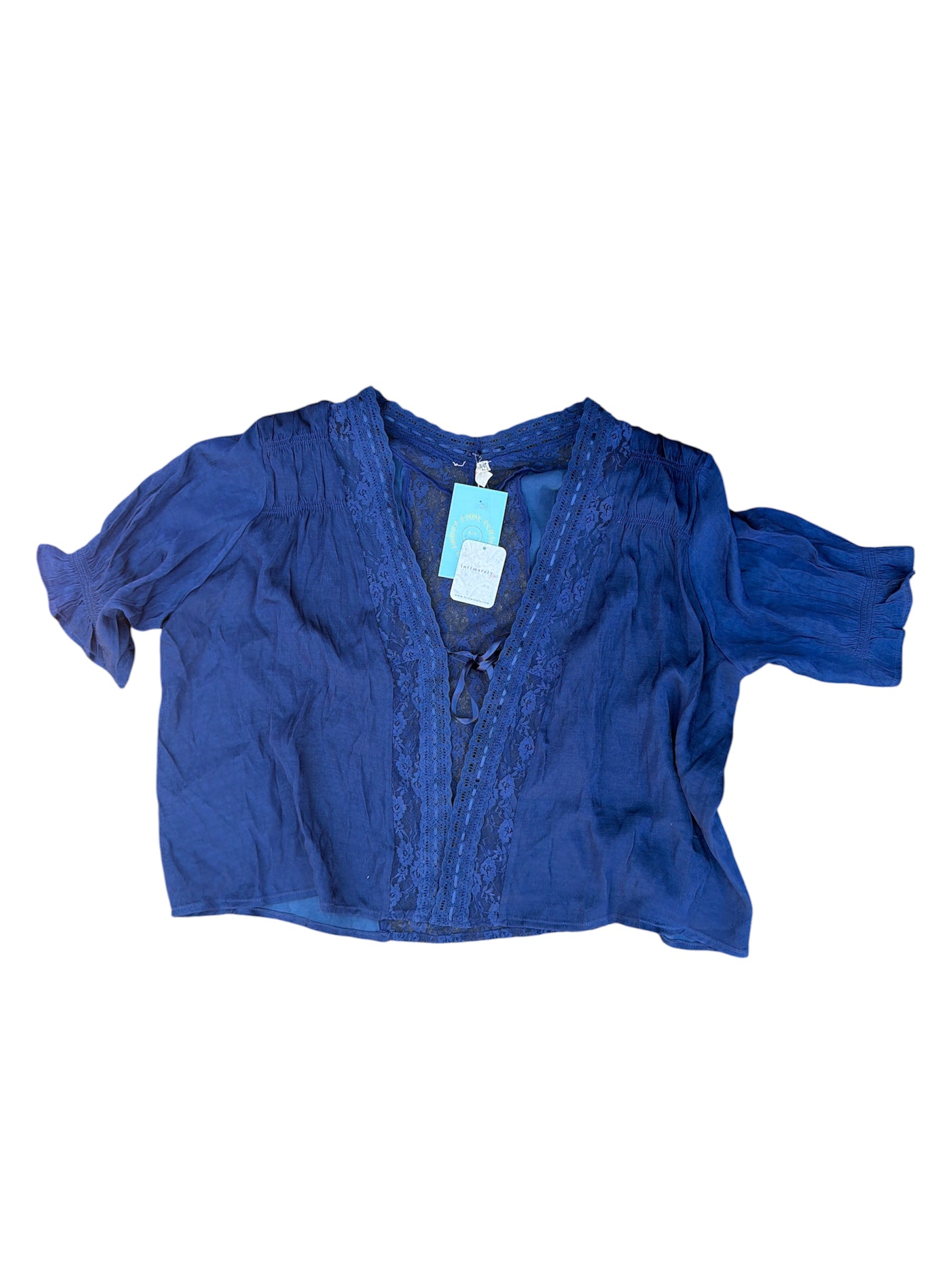 navy free people lace tie ls top, xs