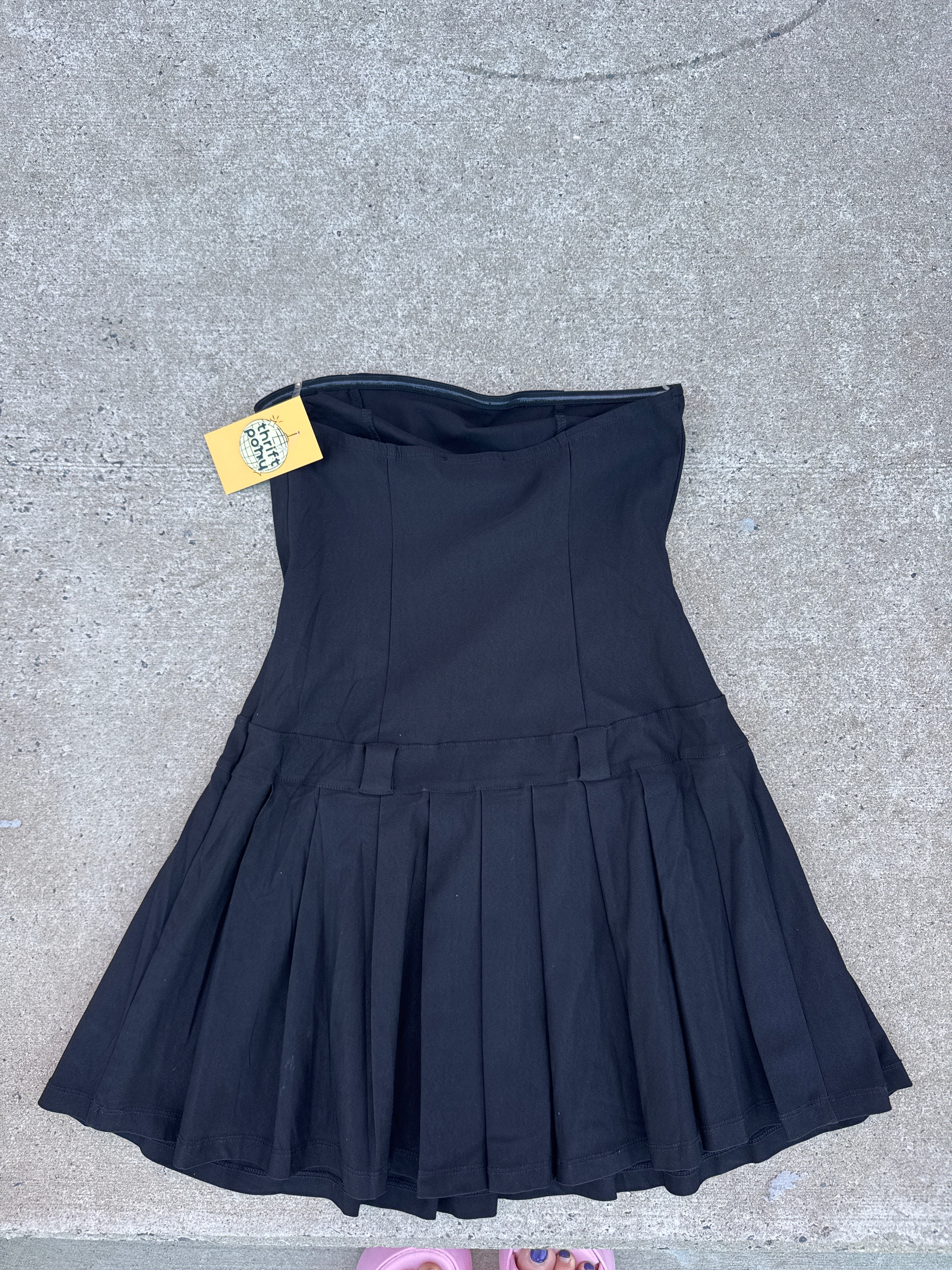 black hesperus strapless mini pleated dress, m