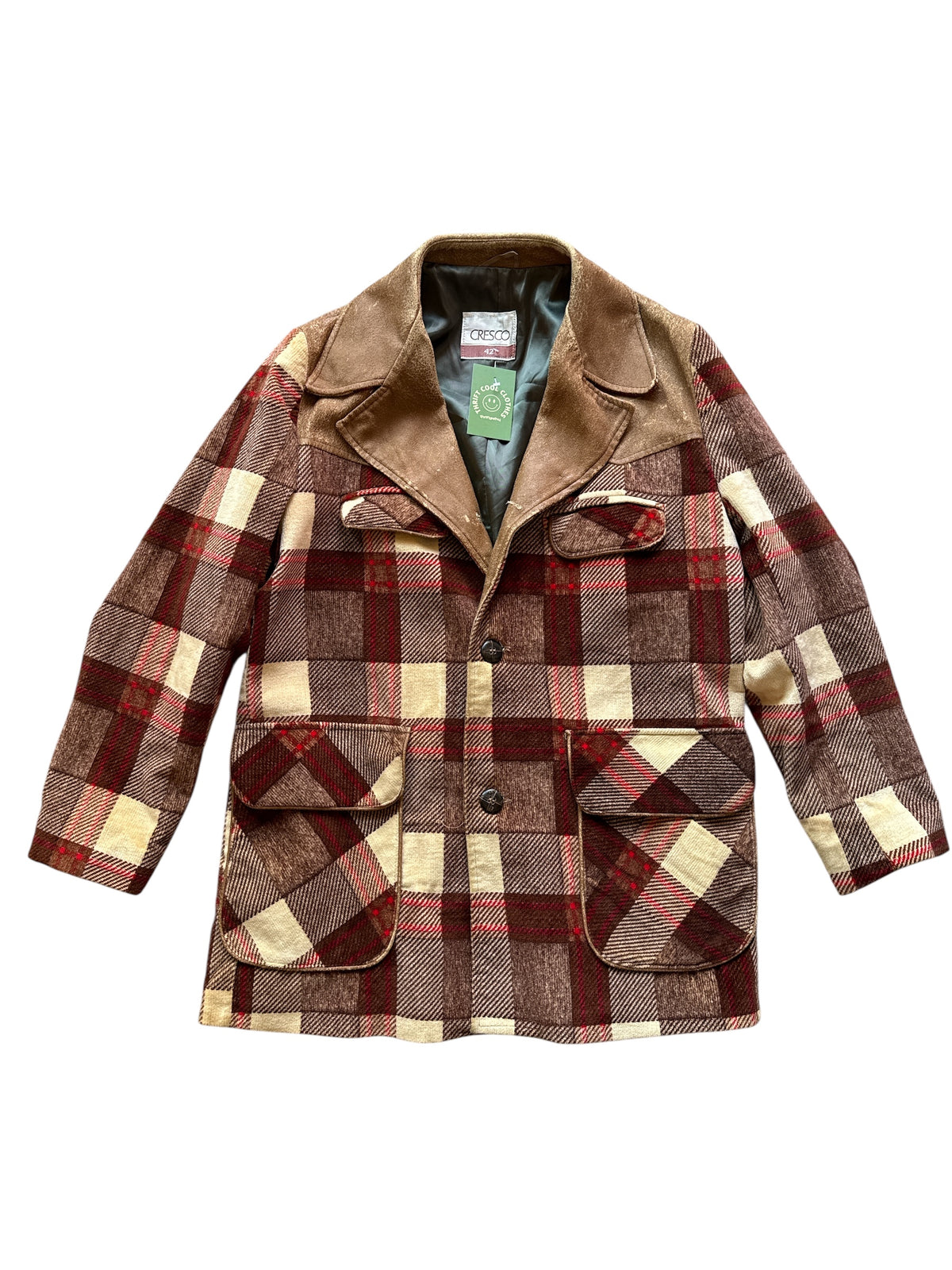 red tan cresco vtg plaid velour jacket, 42 fits like L