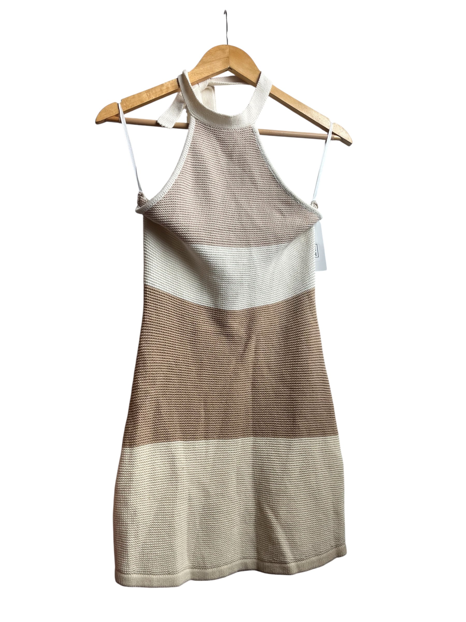cream beige tan sabo halter striped waffle knit mini dress, s