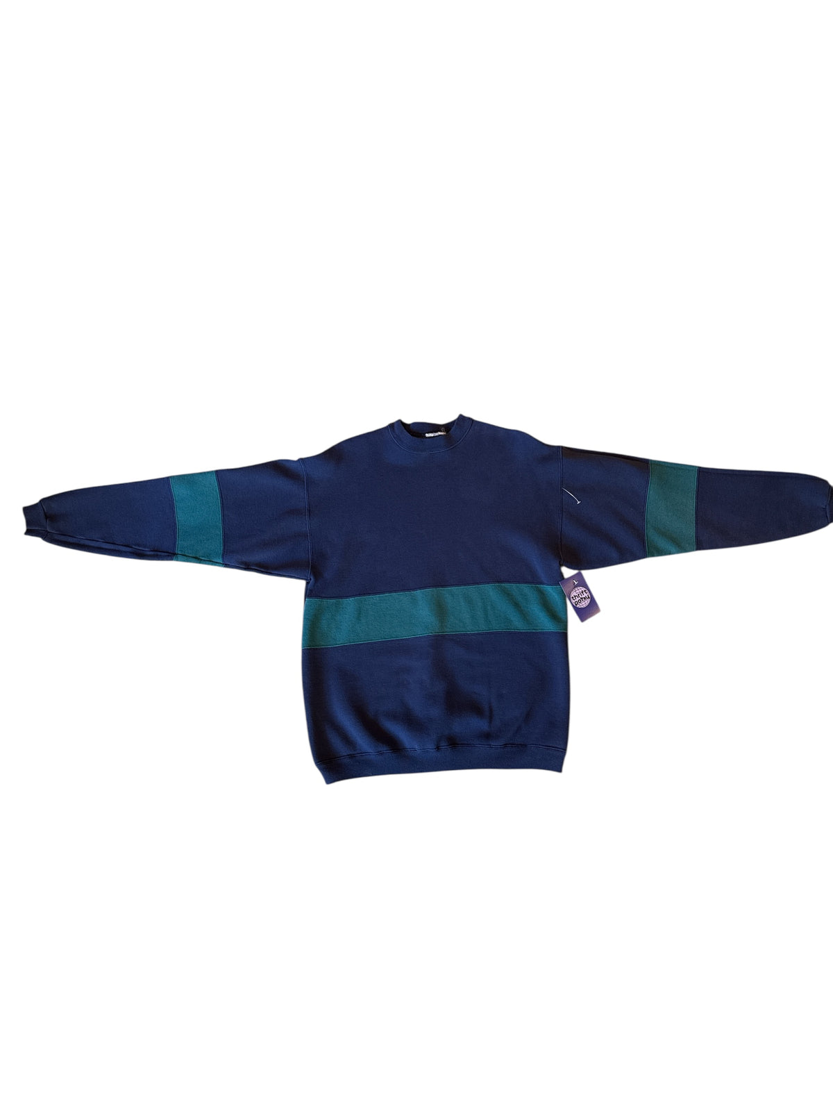 blue green  striped vtg crew, L