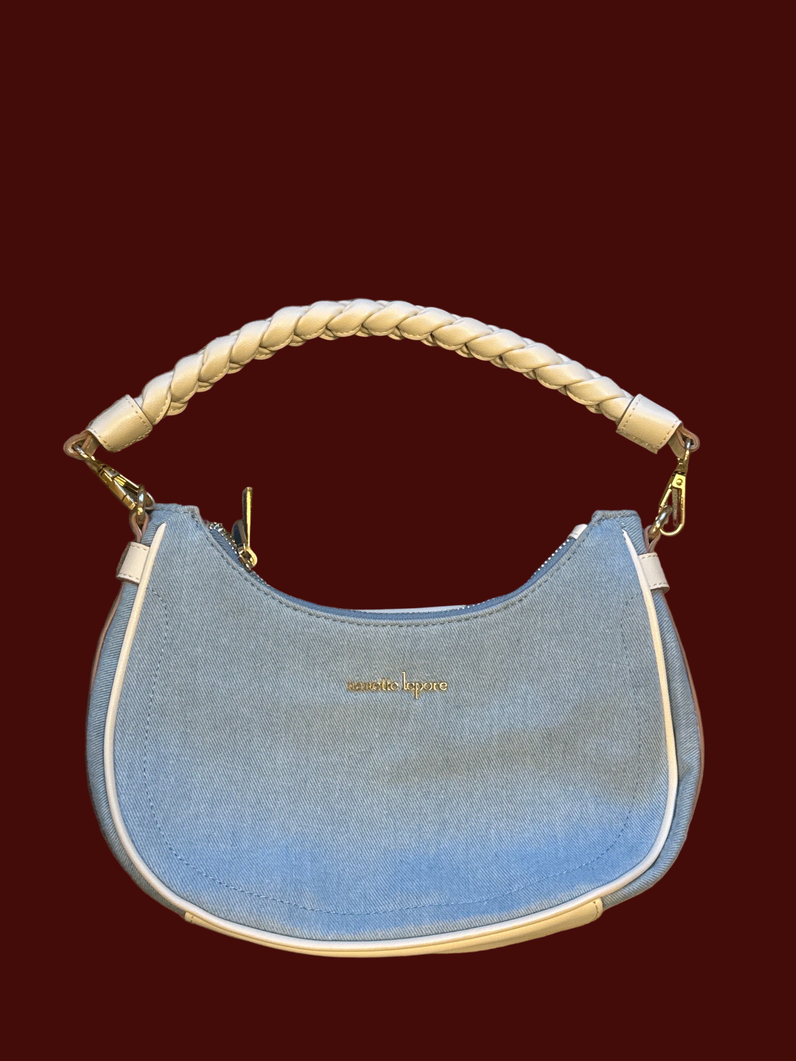 blue white nanette lepore denim braided handle purse