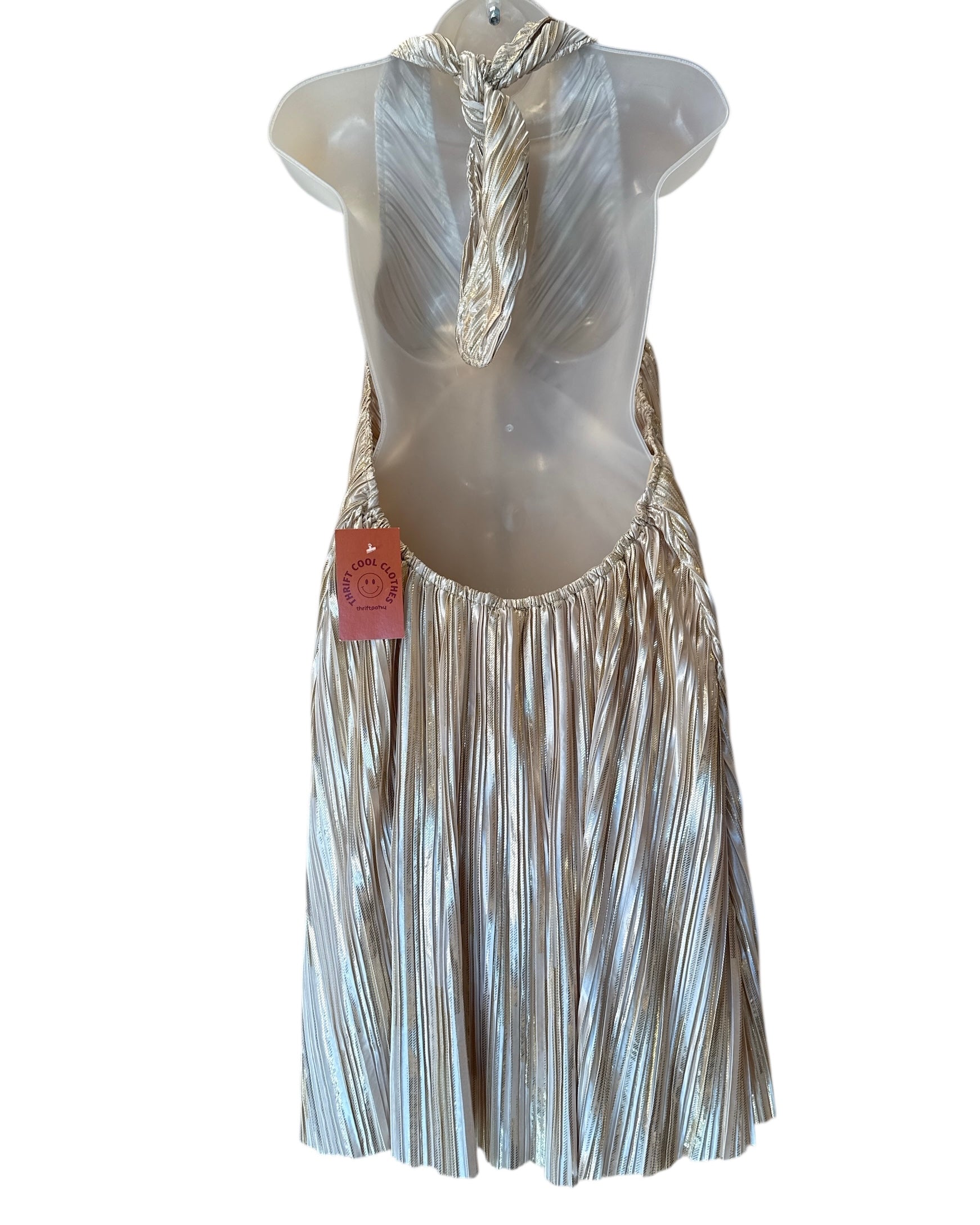 gold vici plisse metallic halter dress, L