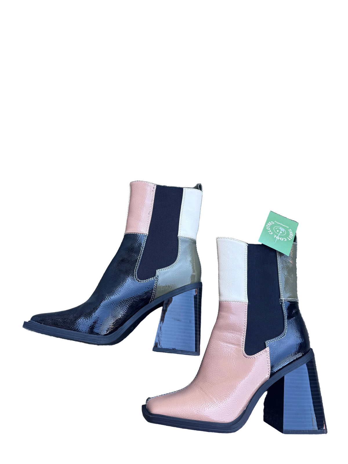 tan black green circus square toed colorblock booties, 8.5