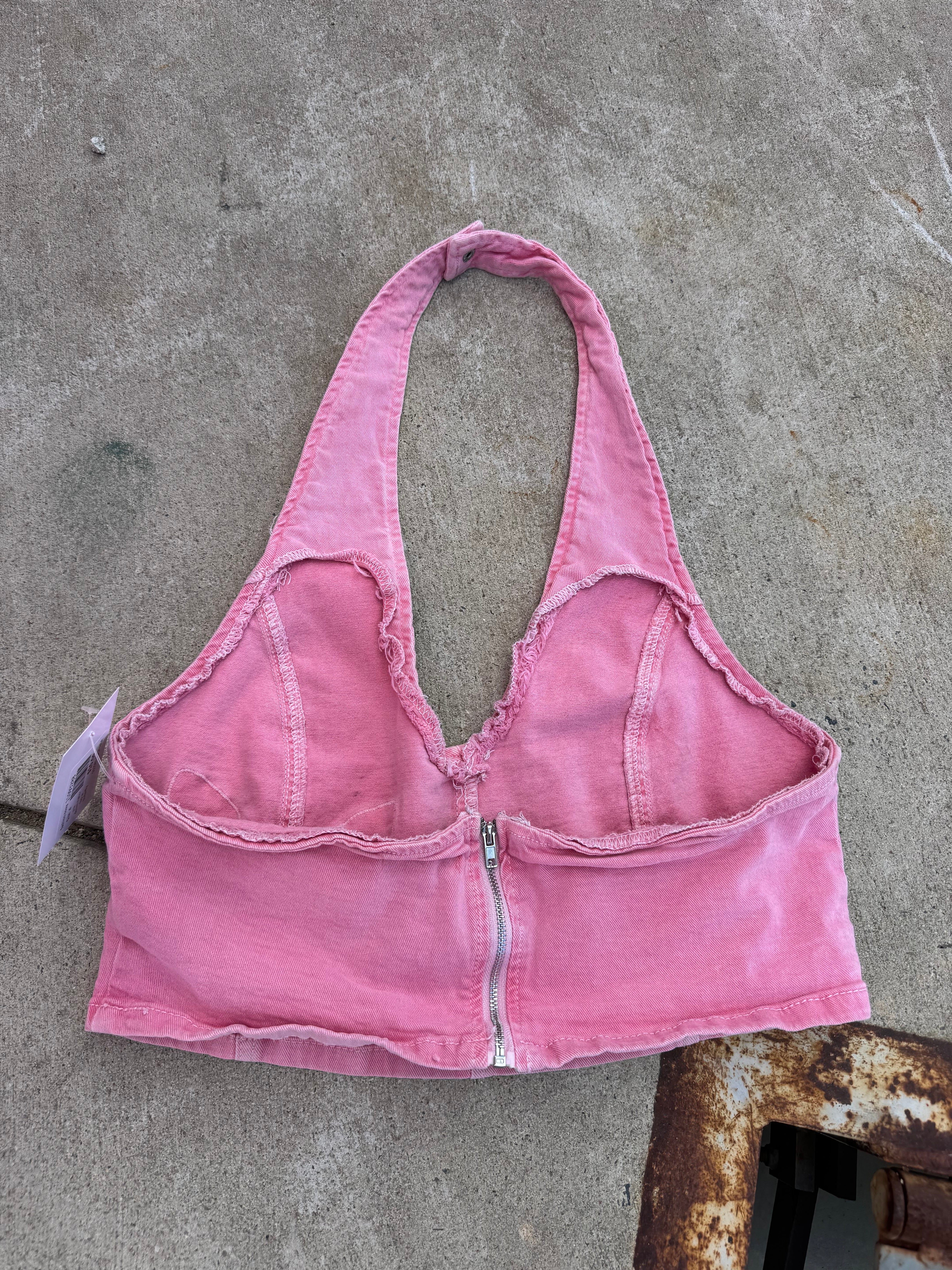pink fashion nova denim halter top w butterfly, xl